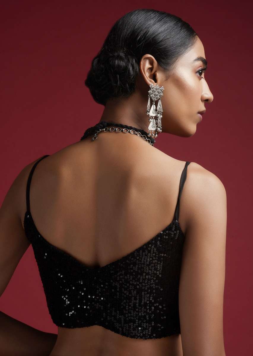 Black Blouse Embellished In Sequins With Strap Sleeves And V Neckline - Image 6