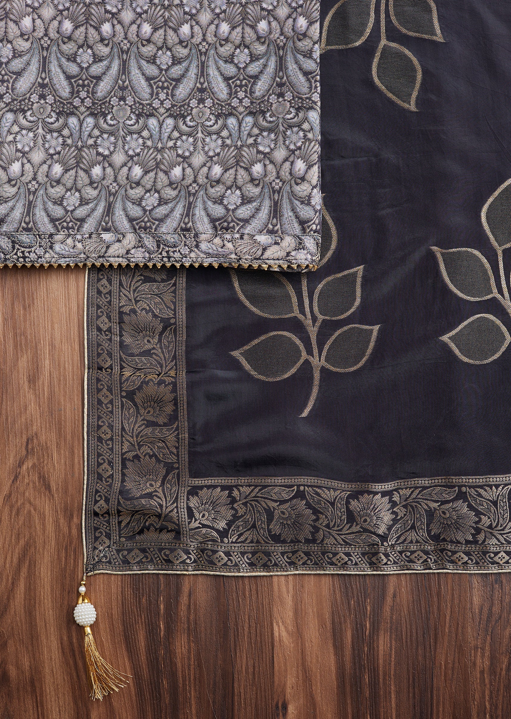 Black Brocade Banarasi Embroidered Silk Unstitched Suit - Image 3