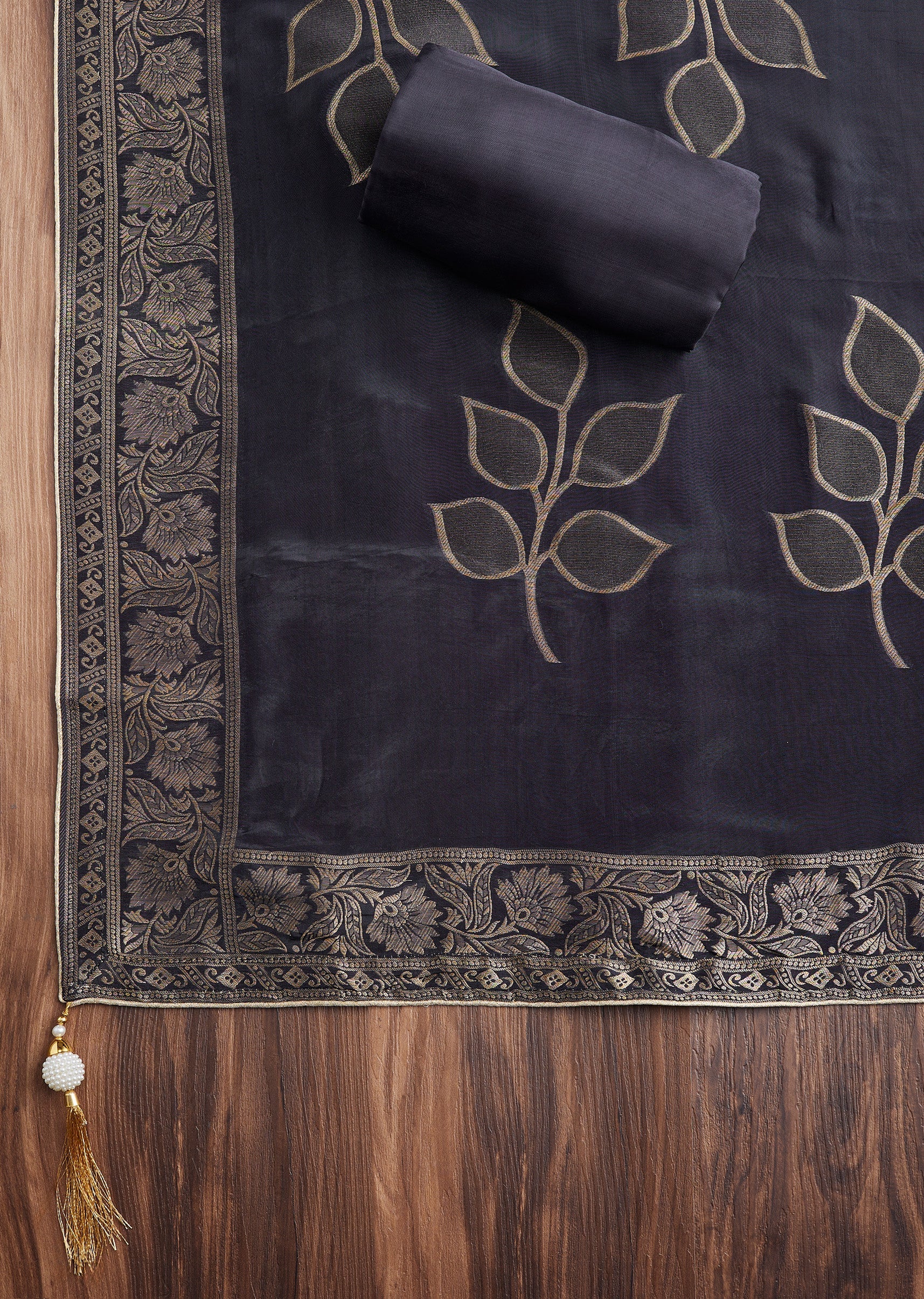 Black Brocade Banarasi Embroidered Silk Unstitched Suit - Image 4
