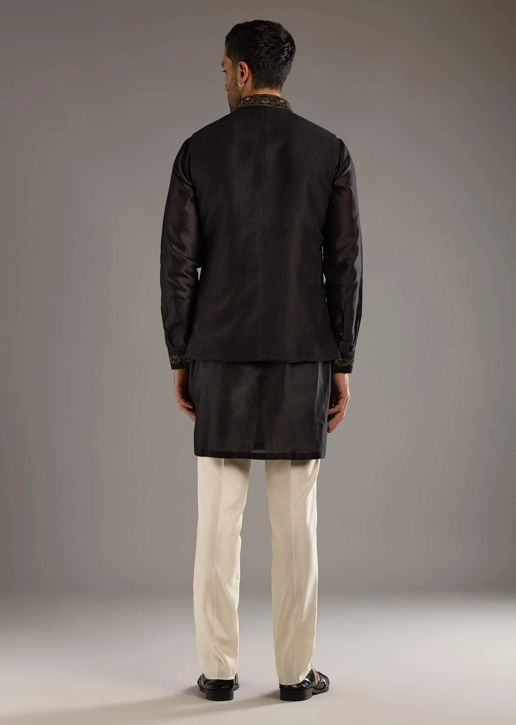 Black Chanderi Linen Kurta Jacket Set For Men With Dori Work - Image 3
