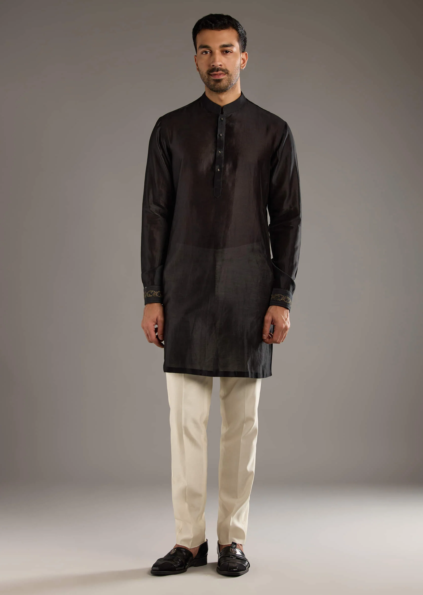 Black Chanderi Linen Kurta Jacket Set For Men With Dori Work - Image 4