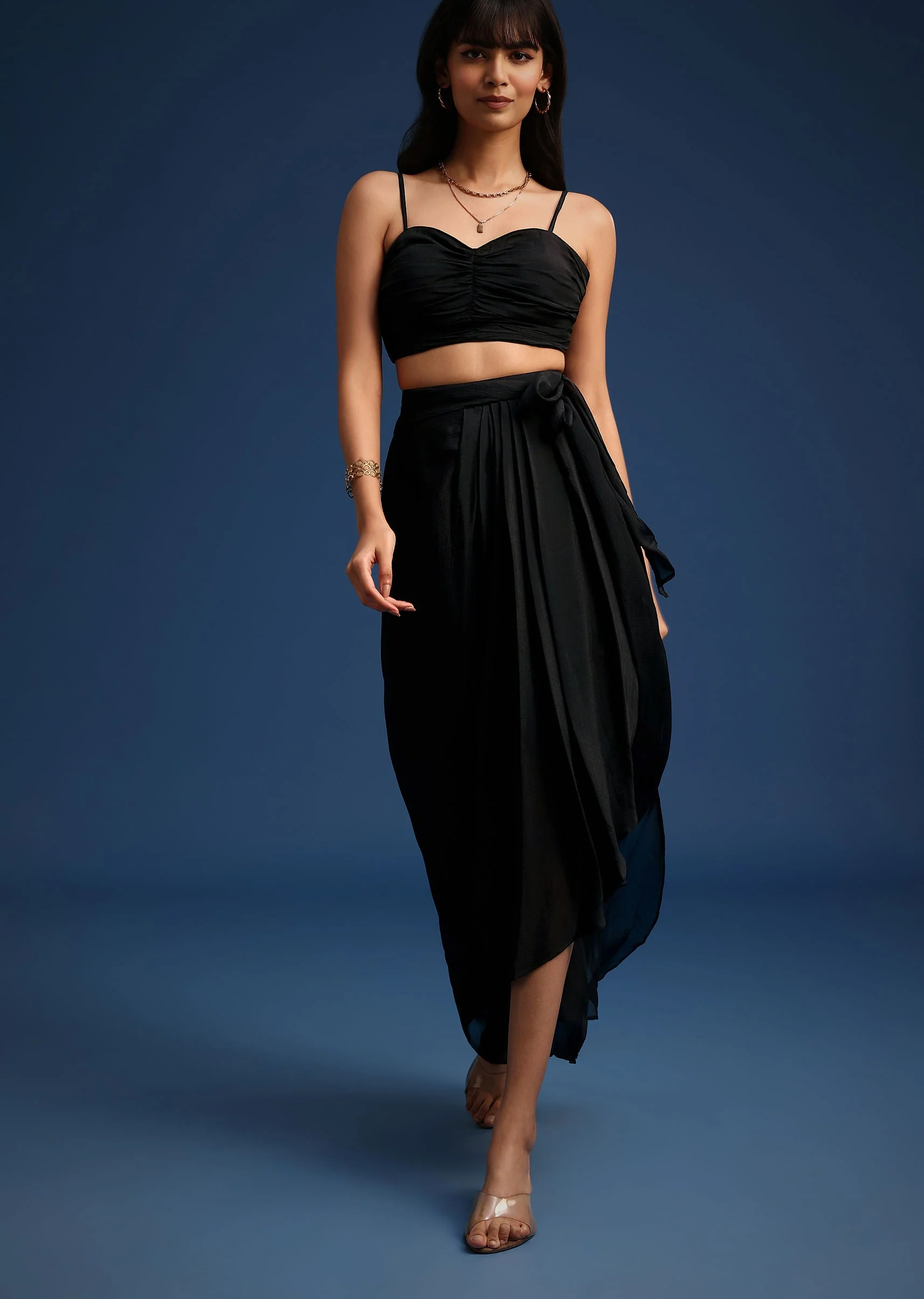 Black Chiffon Asymmetrical Skirt And Jacket Set - Image 6