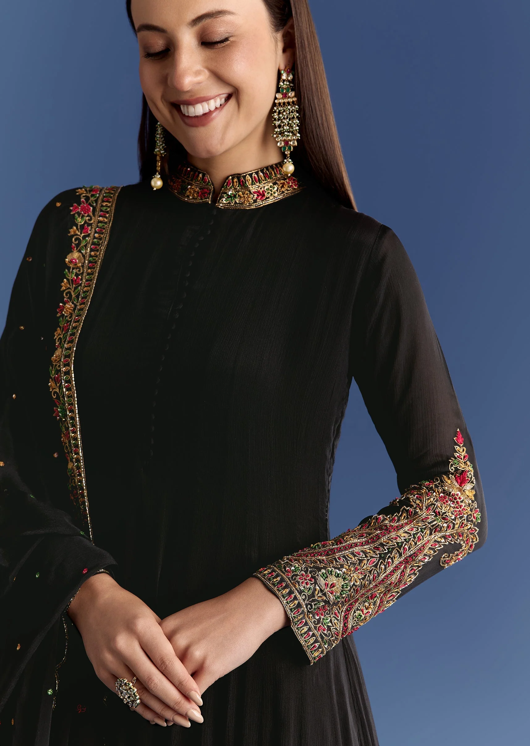 Black Chinon Anarkali With Embroidered Collar And Zari Dupatta - Image 3