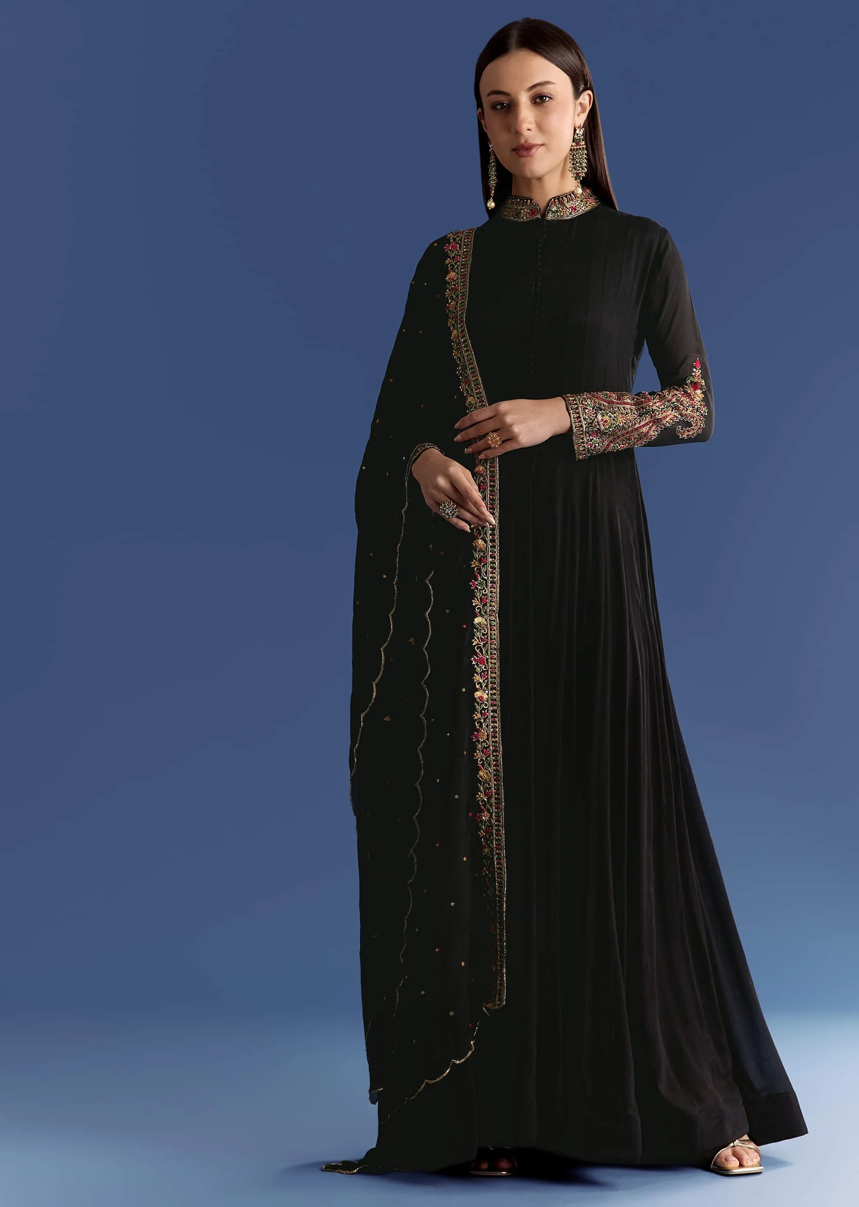 Black Chinon Anarkali With Embroidered Collar And Zari Dupatta - Image 4
