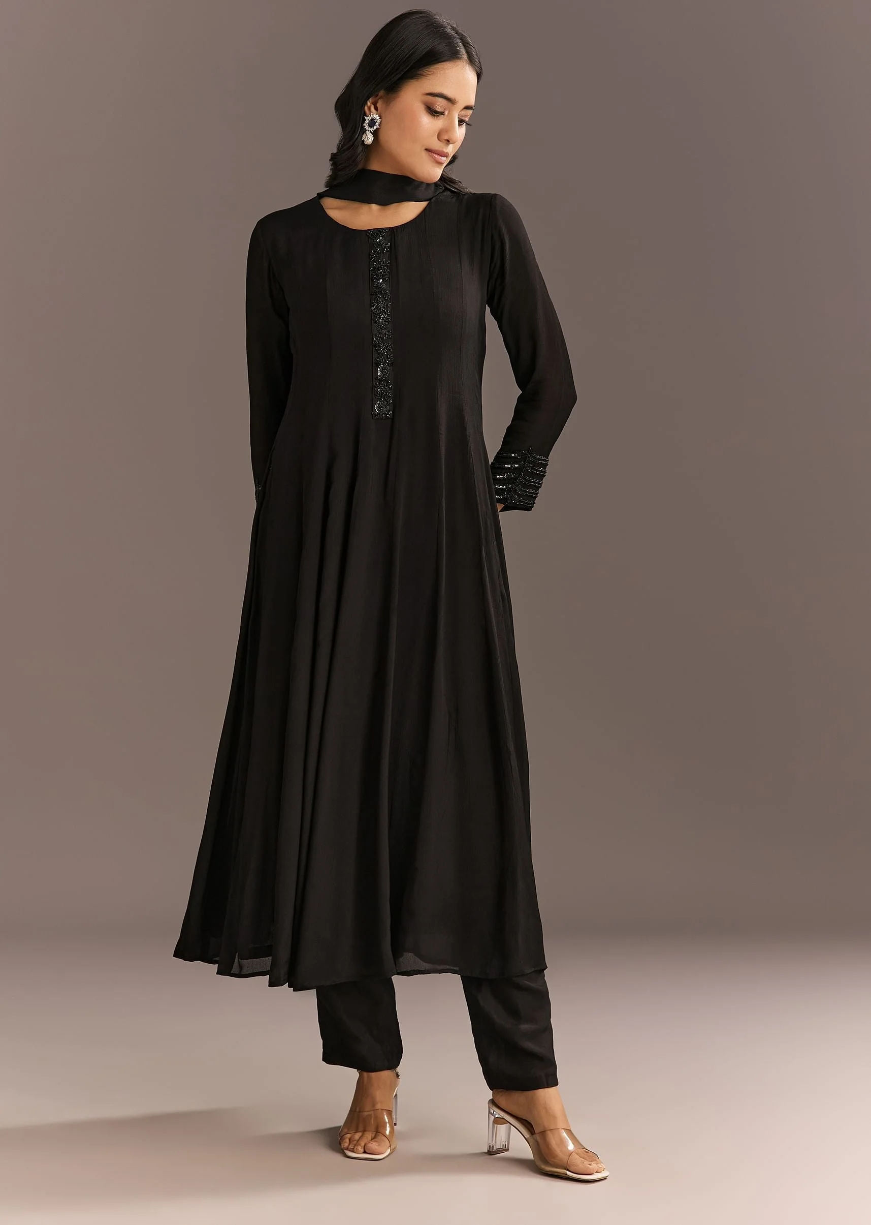 Black Chinon Beaded Sequin Anarkali Pant With Dupatta - Image 3