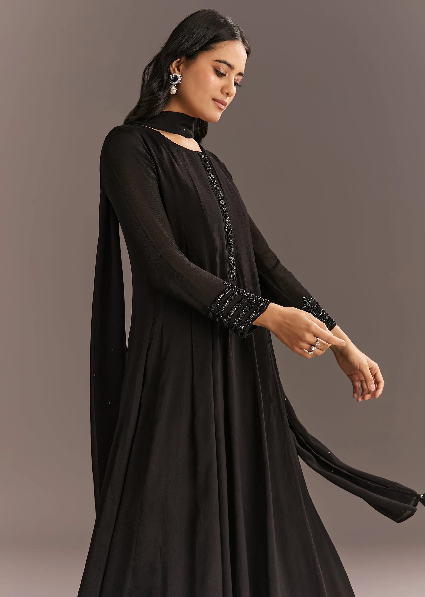 Black Chinon Beaded Sequin Anarkali Pant With Dupatta - Image 4