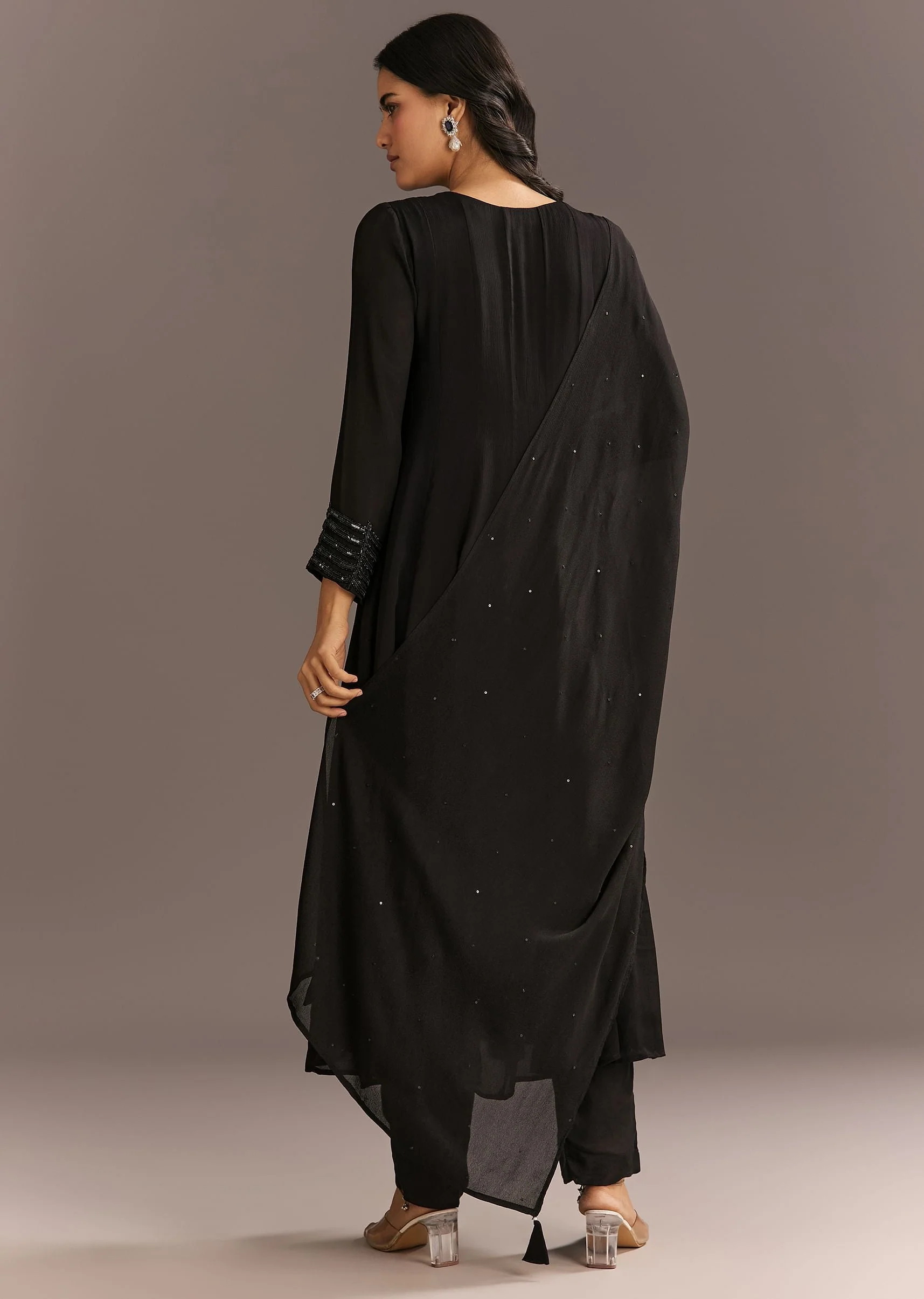 Black Chinon Beaded Sequin Anarkali Pant With Dupatta - Image 5