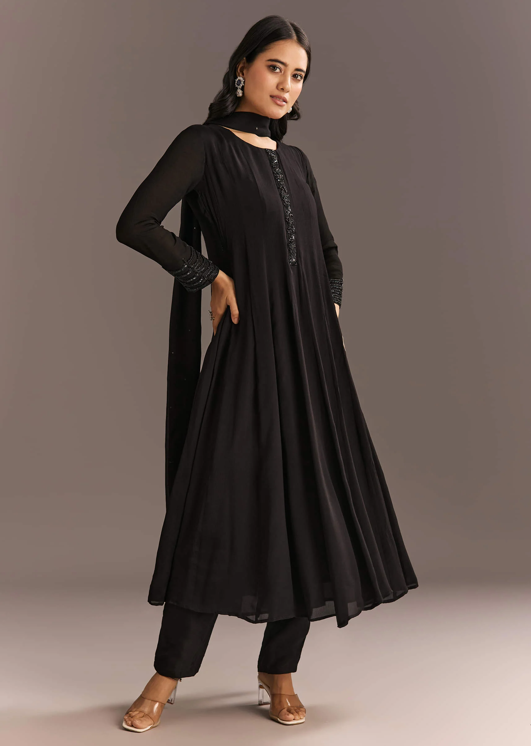 Black Chinon Beaded Sequin Anarkali Pant With Dupatta - Image 7