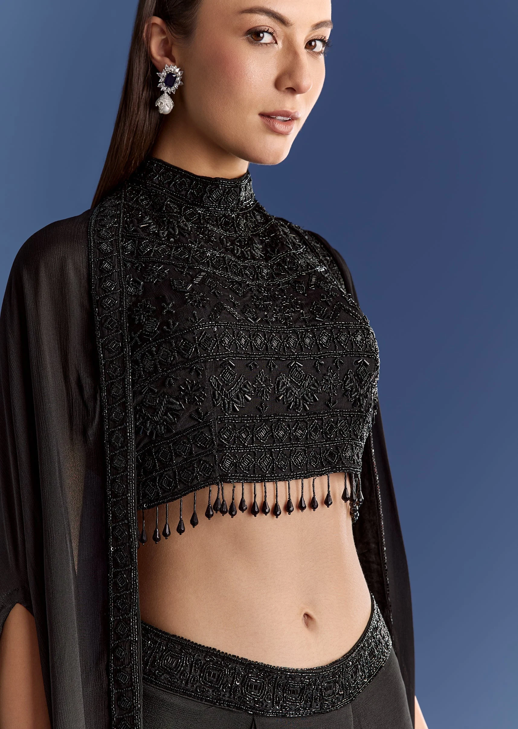 Black Chinon Cape Set With Embroidered Croptop And Skirt - Image 3