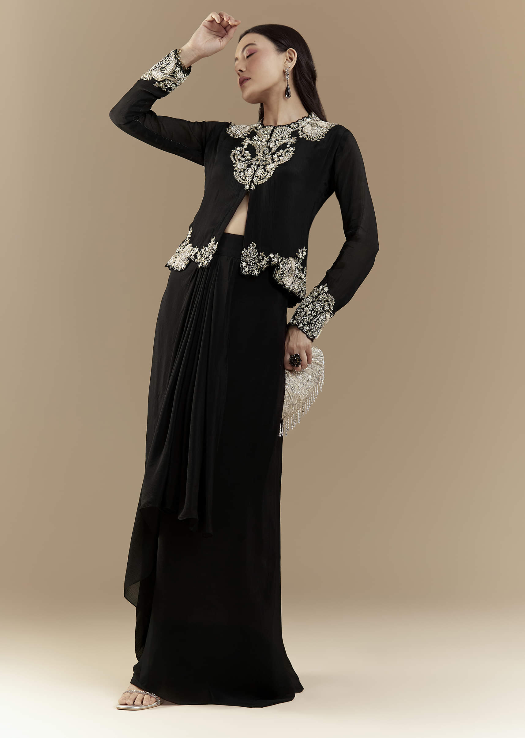 Black Chinon Crop Top and Skirt Set - Image 3