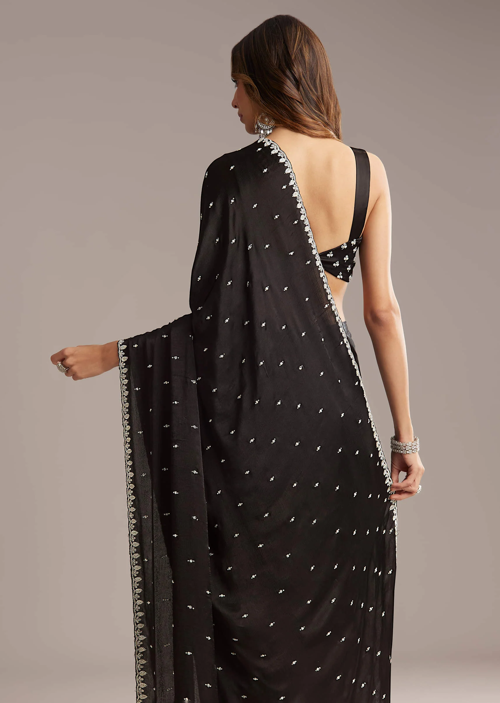 Black Chinon Saree With Stone And Cutdana Embroidery - Image 5
