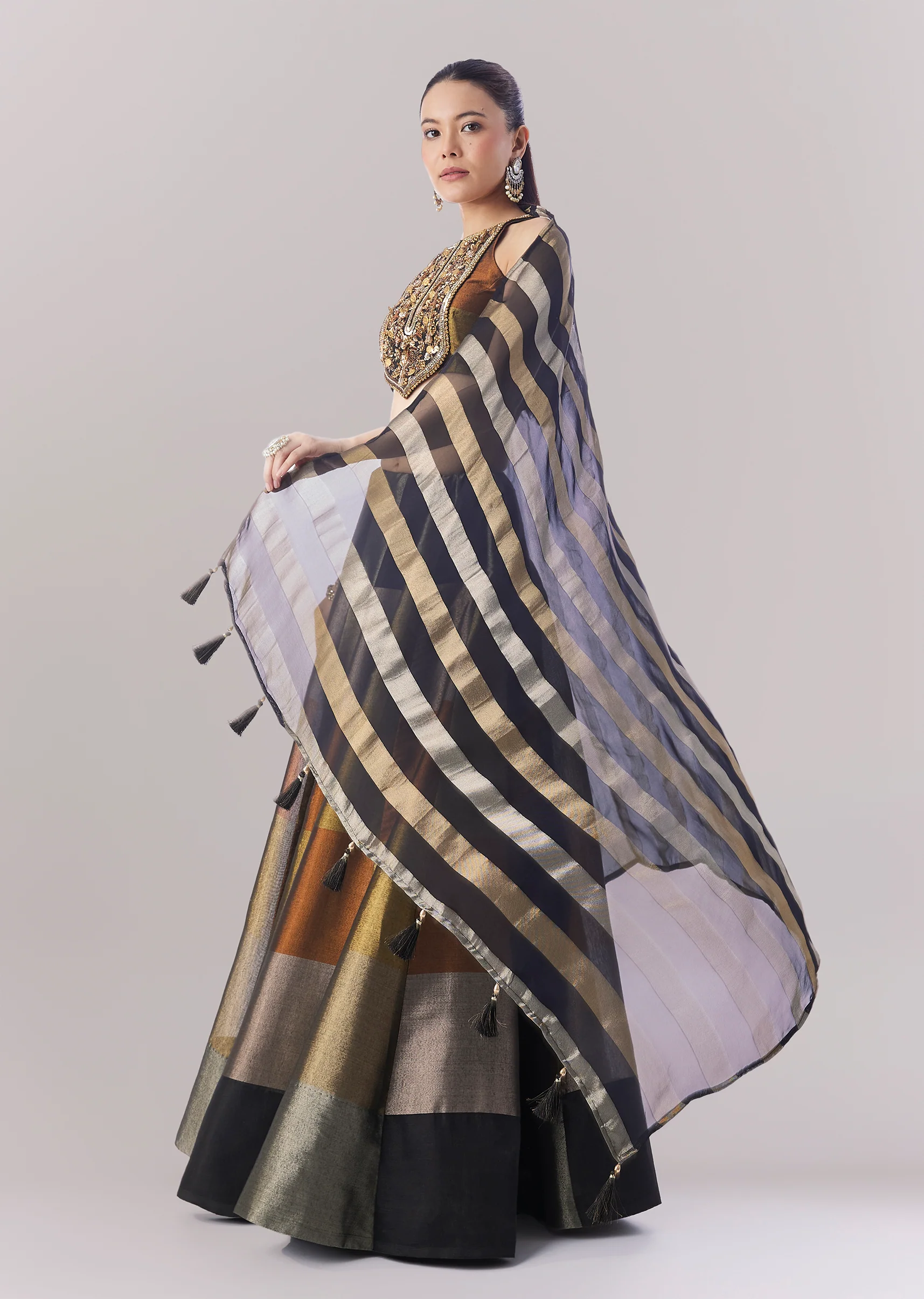 Black Colourblocked Lehenga With Sequins And Bead Work Choli - Image 4