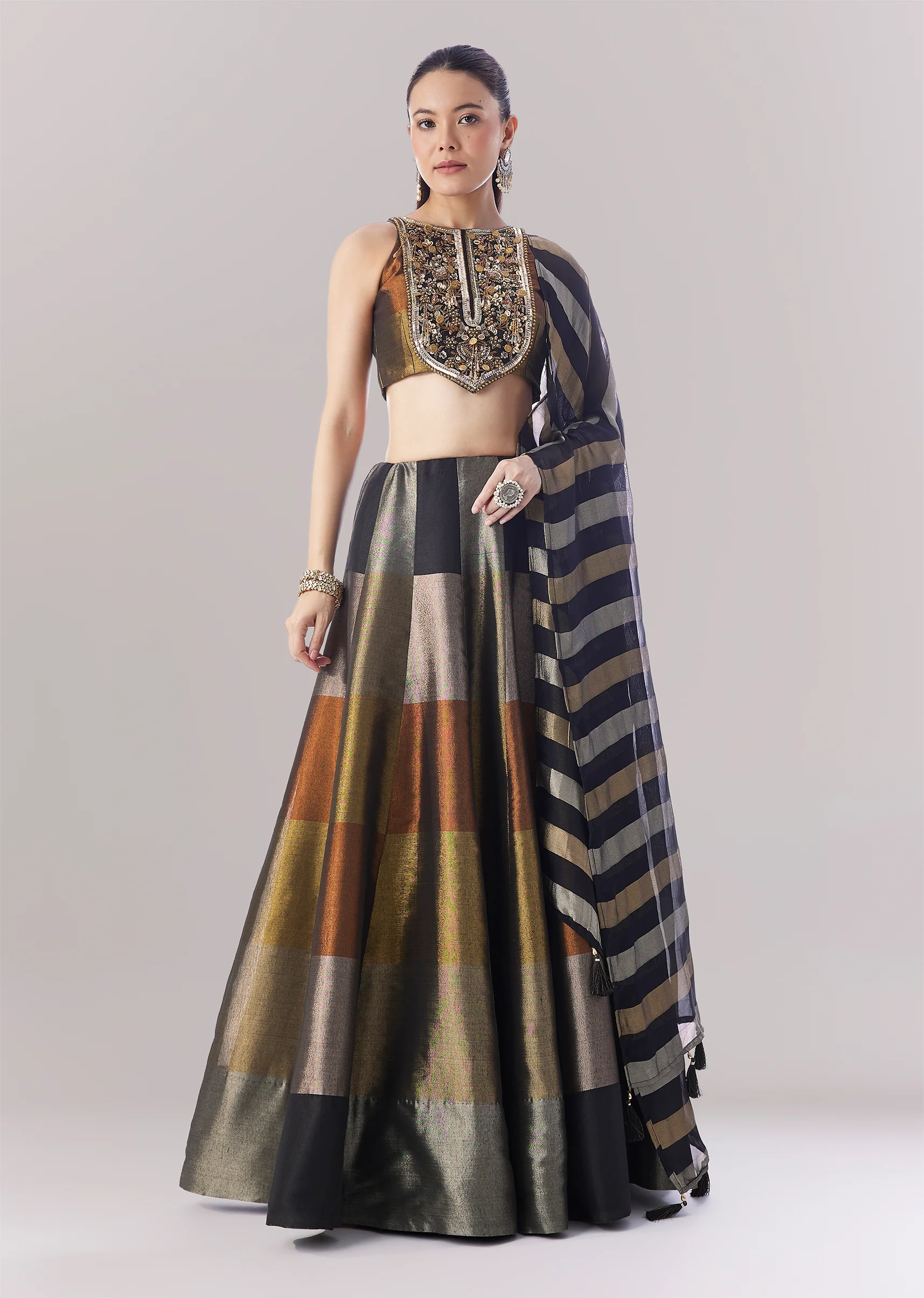 Black Colourblocked Lehenga With Sequins And Bead Work Choli - Image 5