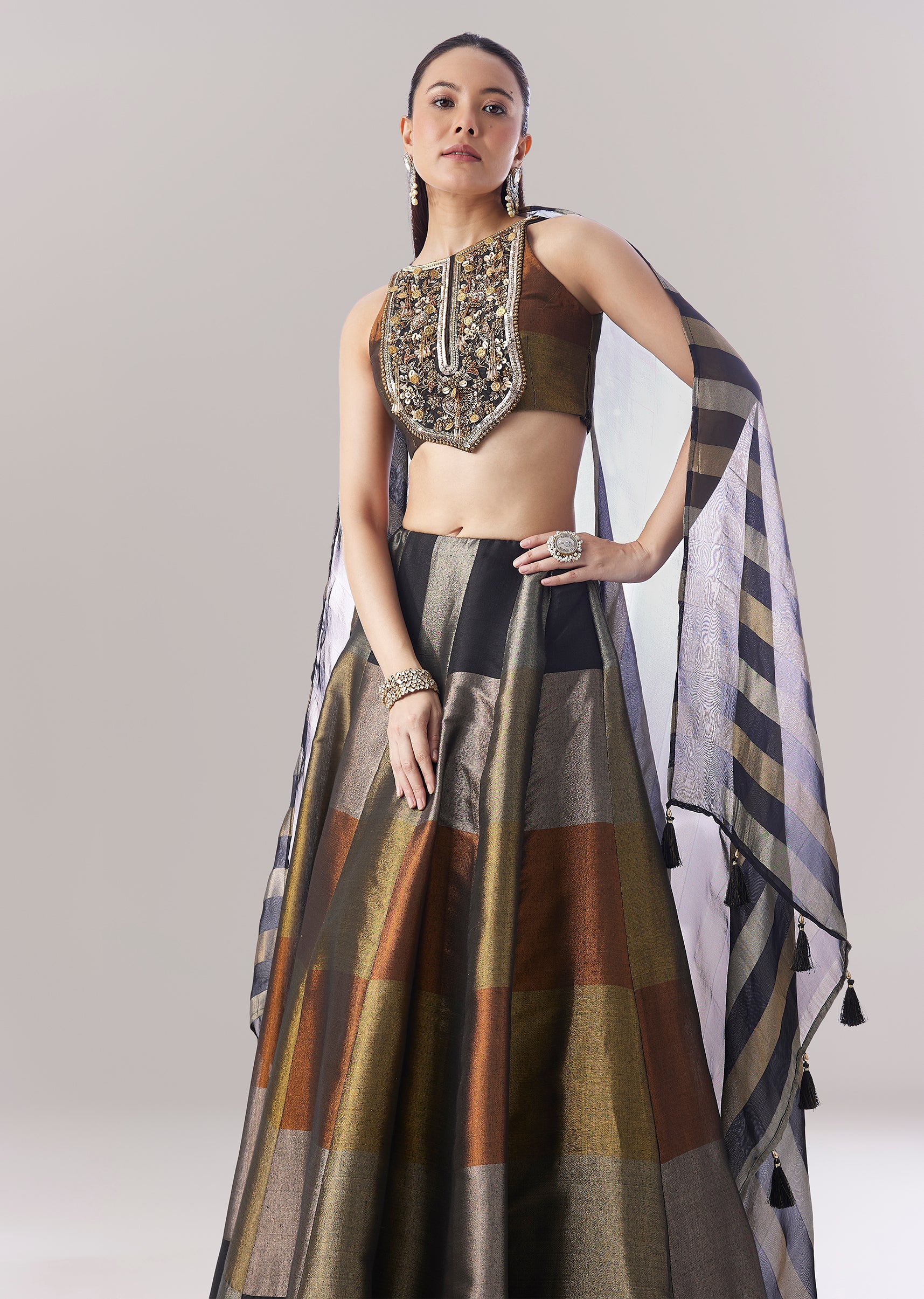 Black Colourblocked Lehenga With Sequins And Bead Work Choli - Image 6