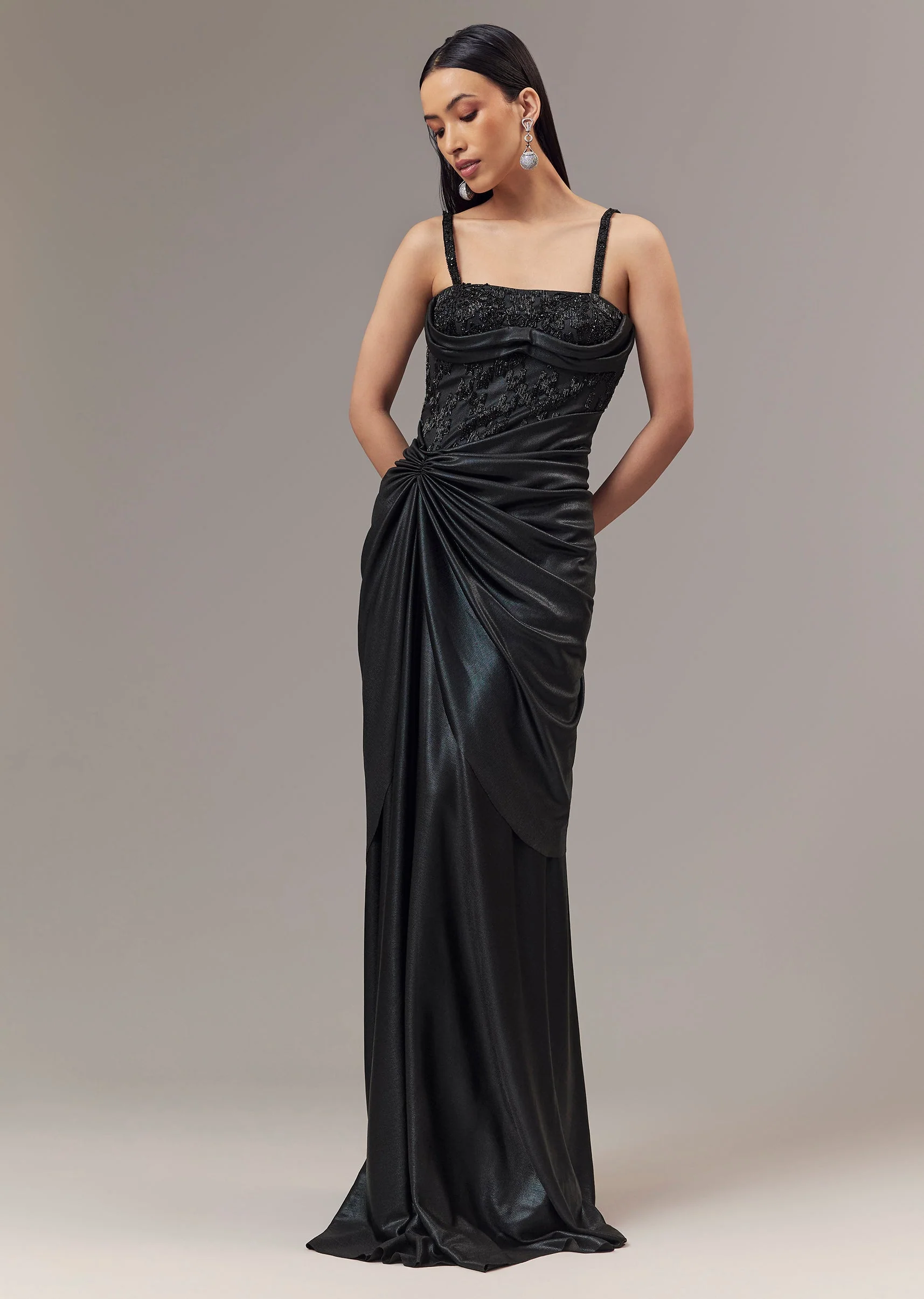 Black Contemporary Corset Gown With Pearl Bead And Sequin Embellishments - Image 4