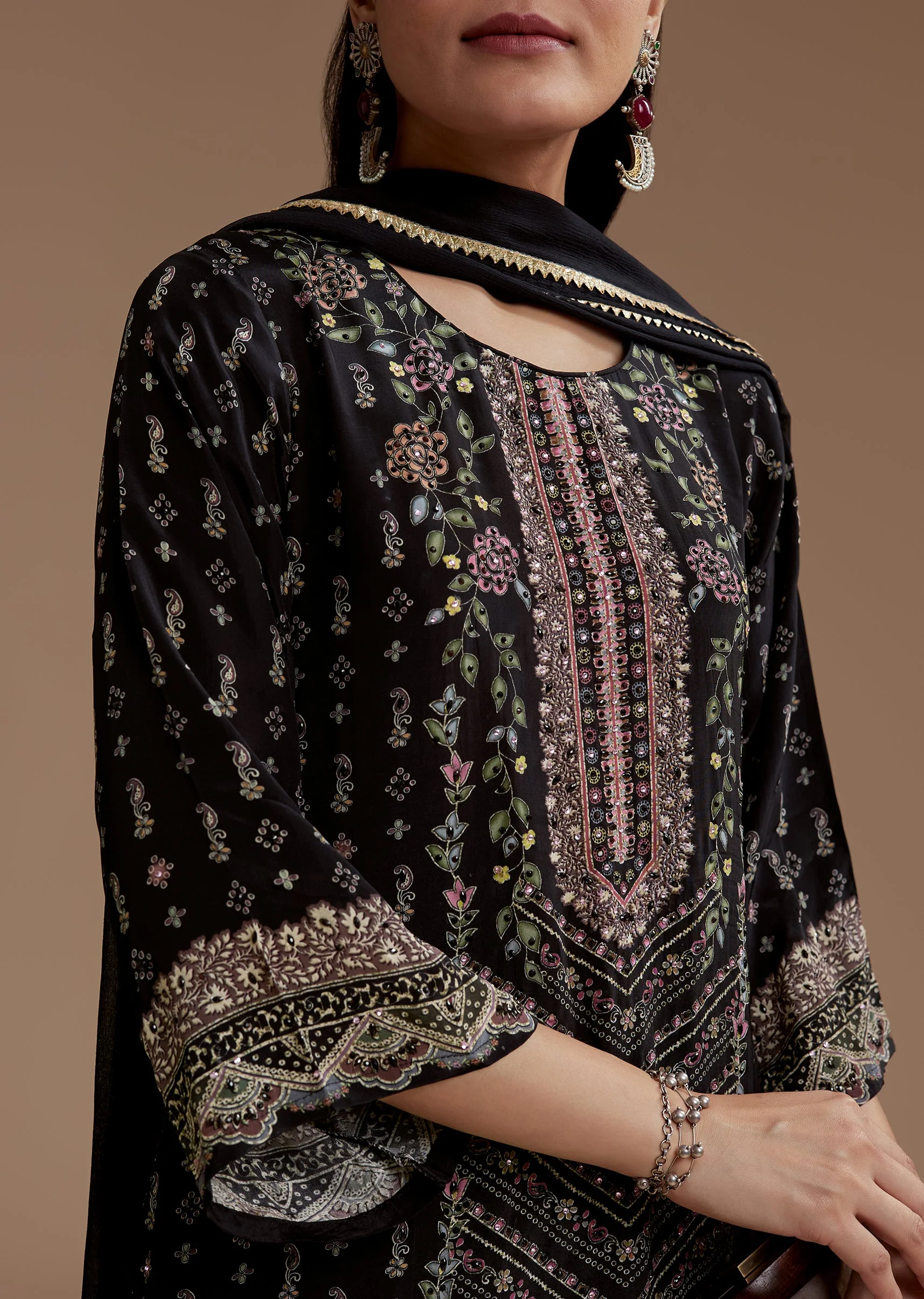 Black Contemporary Match – Stone Work Kurta Set For Her And Black Silk Kurta Set With Dupatta For Him - Image 2