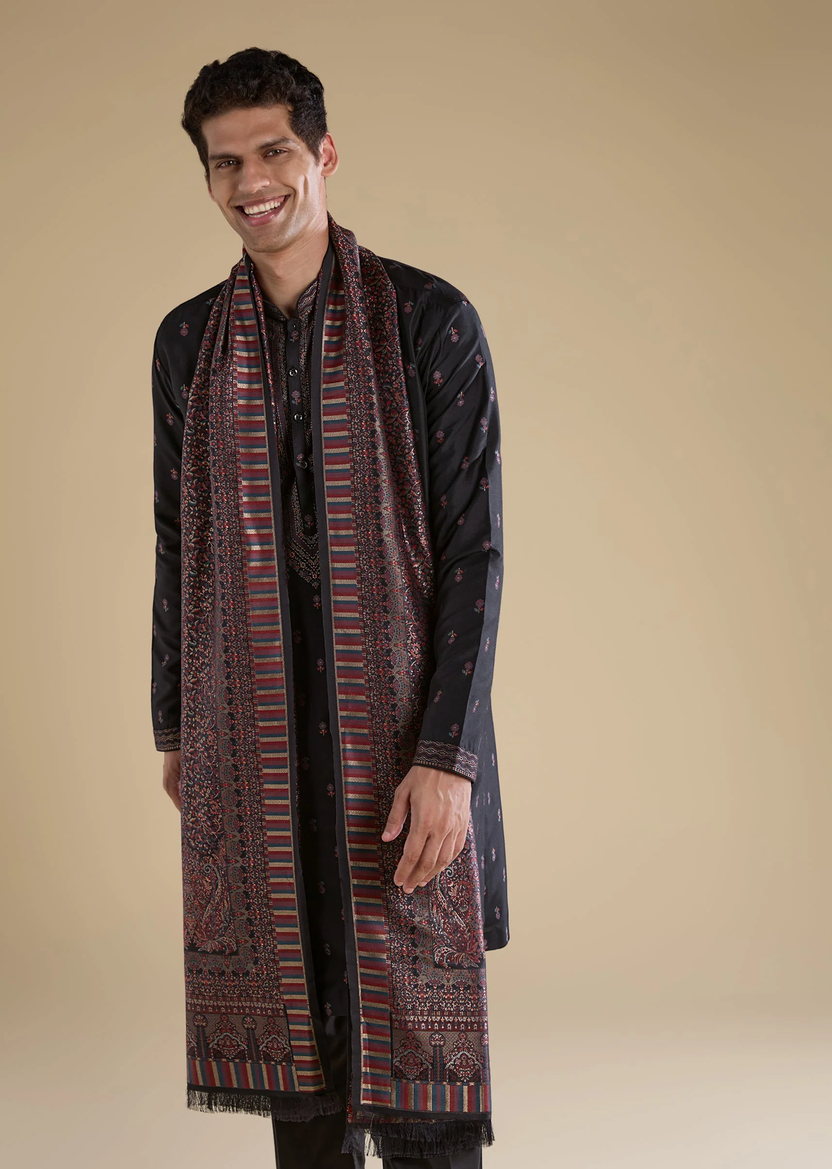 Black Contemporary Match – Stone Work Kurta Set For Her And Black Silk Kurta Set With Dupatta For Him - Image 6