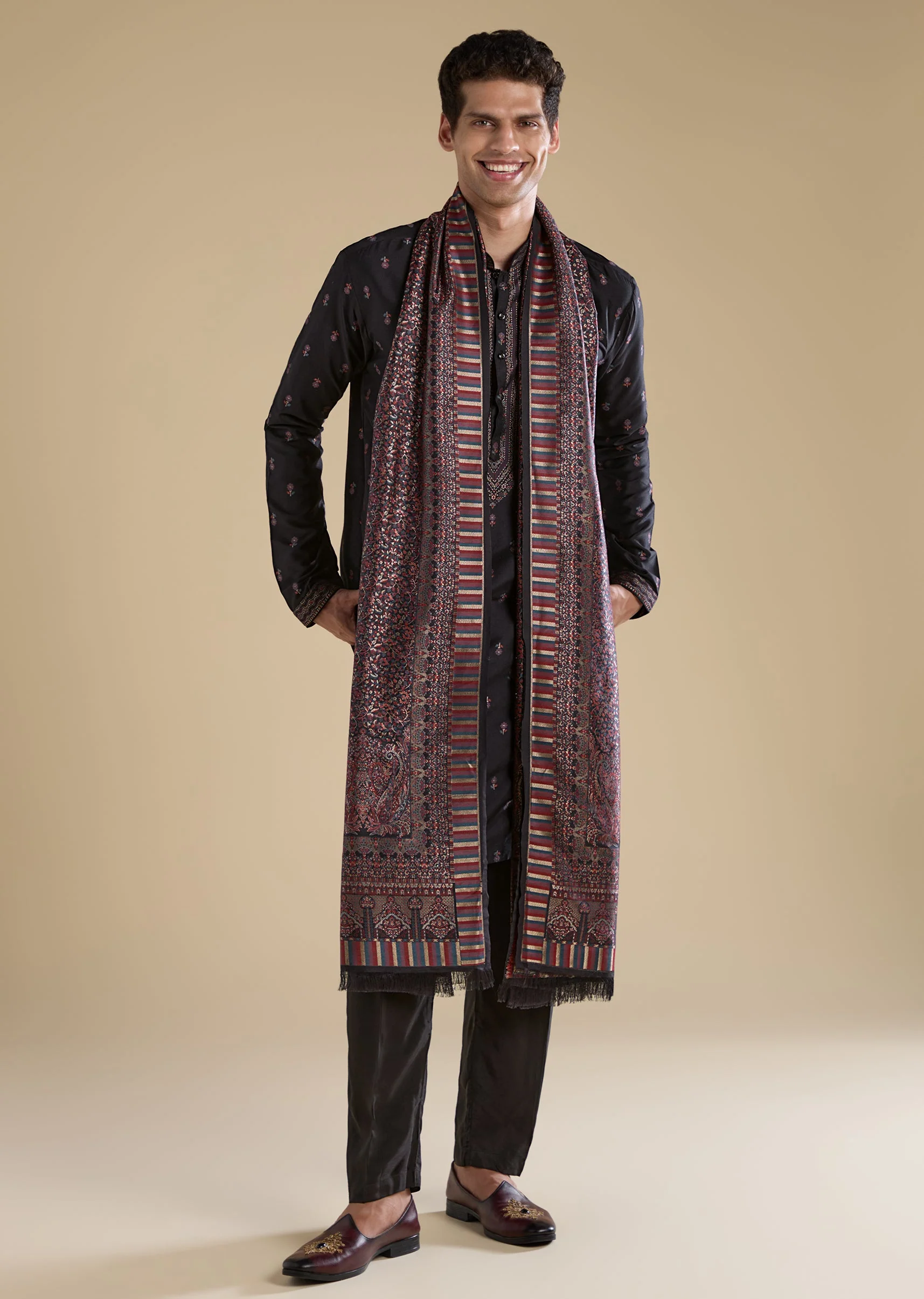 Black Contemporary Match – Stone Work Kurta Set For Her And Black Silk Kurta Set With Dupatta For Him - Image 9