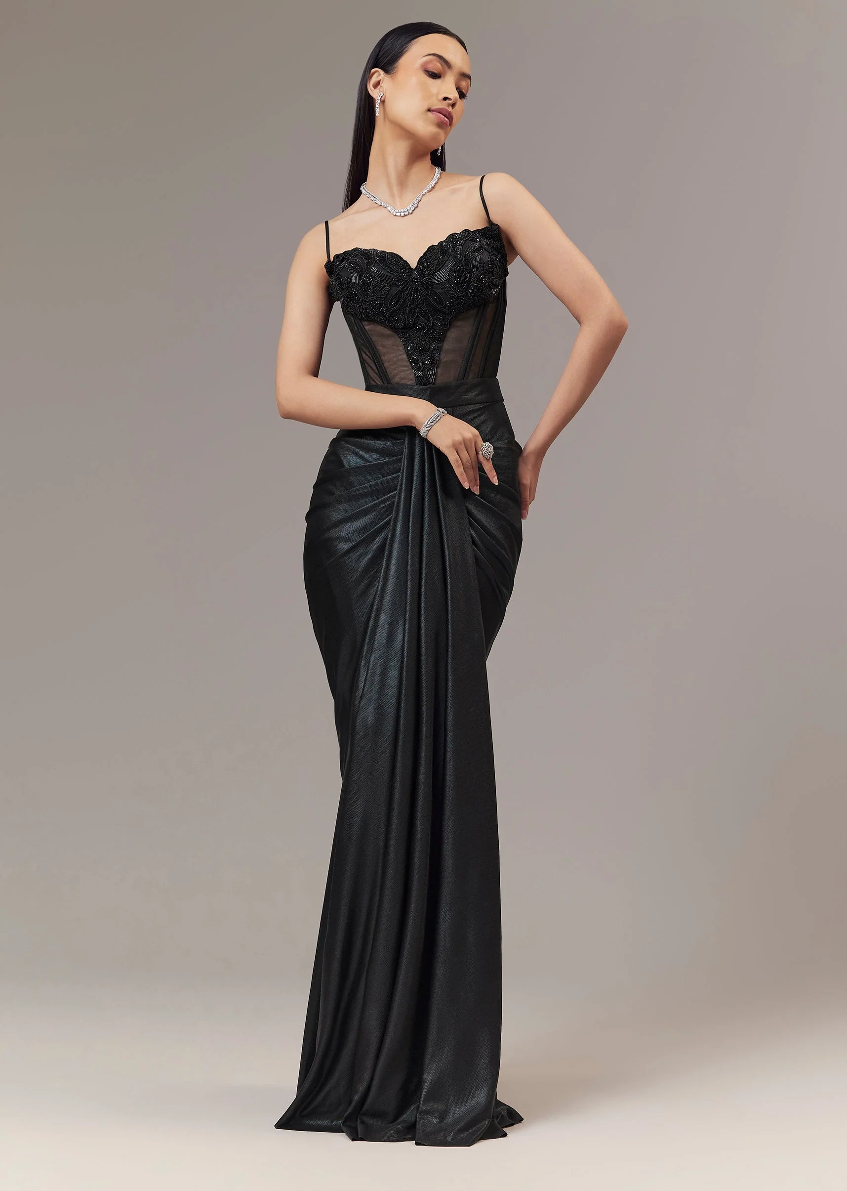 Black Contemporary Sleeveless Corset And Drape Skirt With Embroidery And Cut Dana Detail Work
