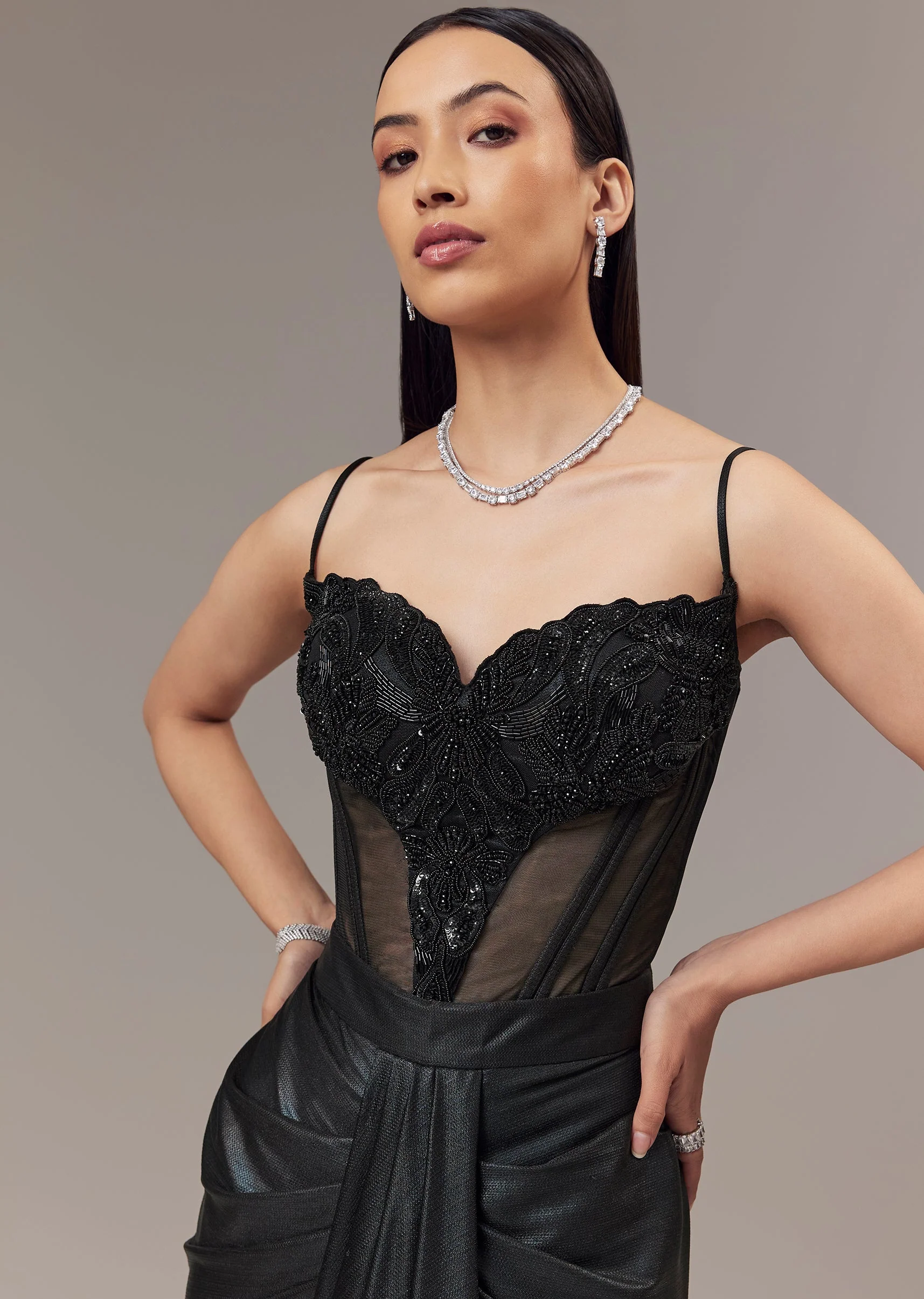 Black Contemporary Sleeveless Corset And Drape Skirt With Embroidery And Cut Dana Detail Work - Image 3