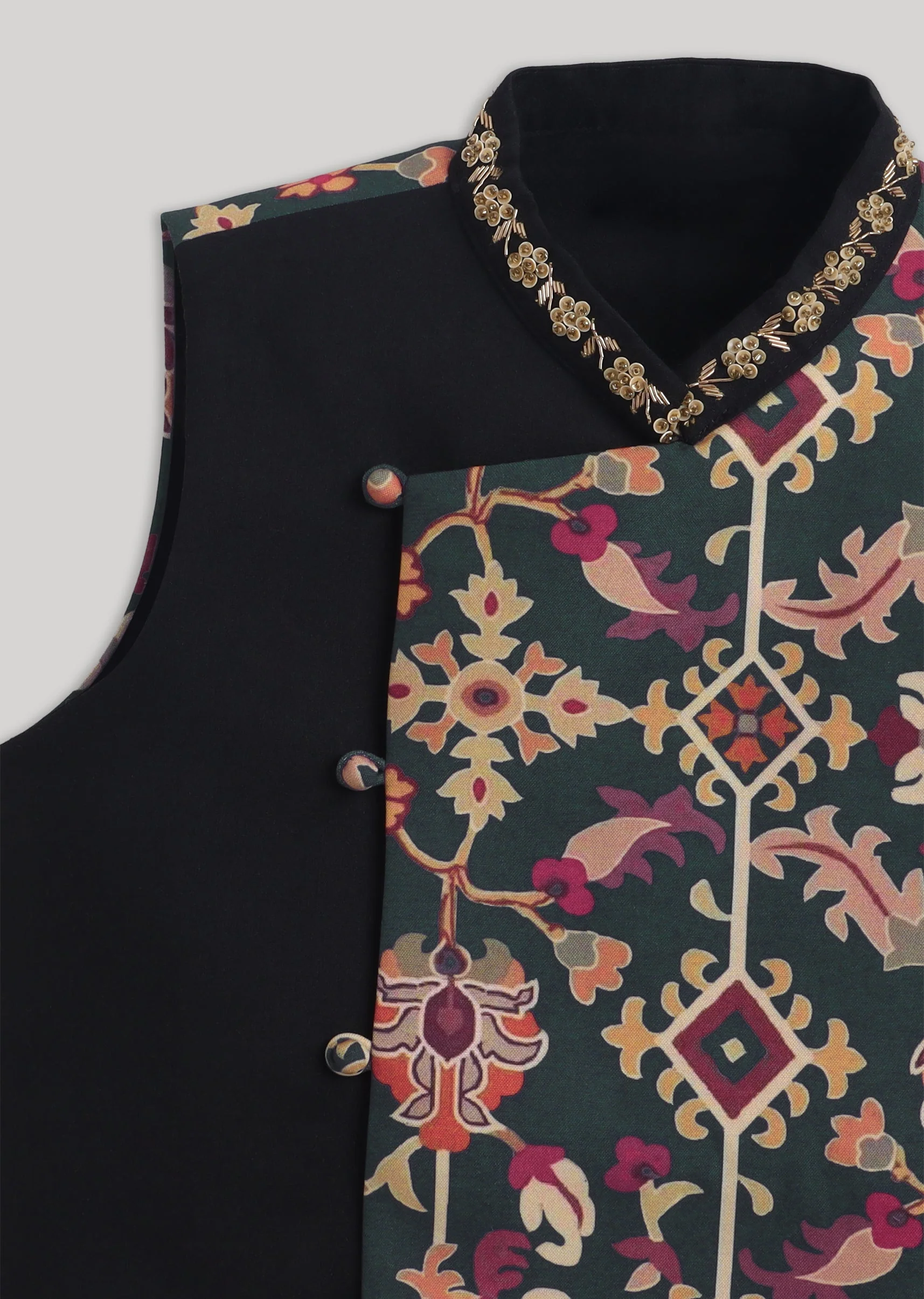 Black Cotton Kurta Jacket Set With Floral Embroidered Nehru Jacket - Image 8