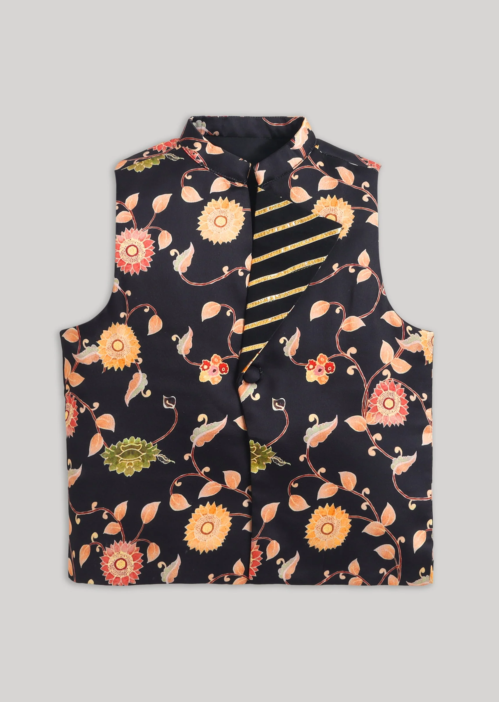 Black Cotton Kurta Jacket Set With Gotta Work Nehru Jacket - Image 5