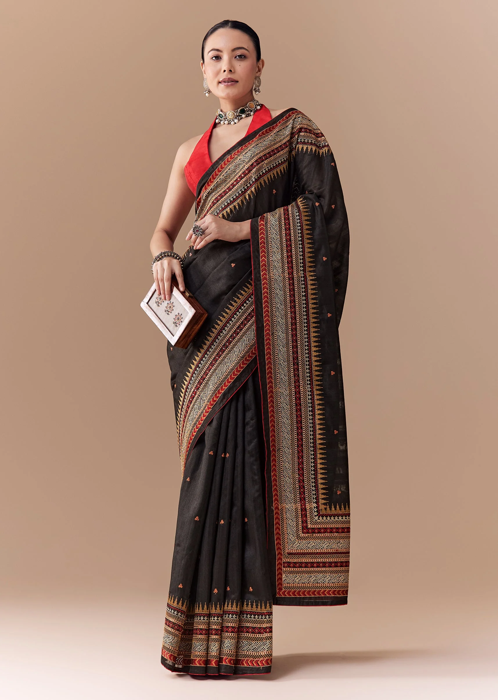 Black Cotton Linen Saree with Blouse Fabric - Image 3
