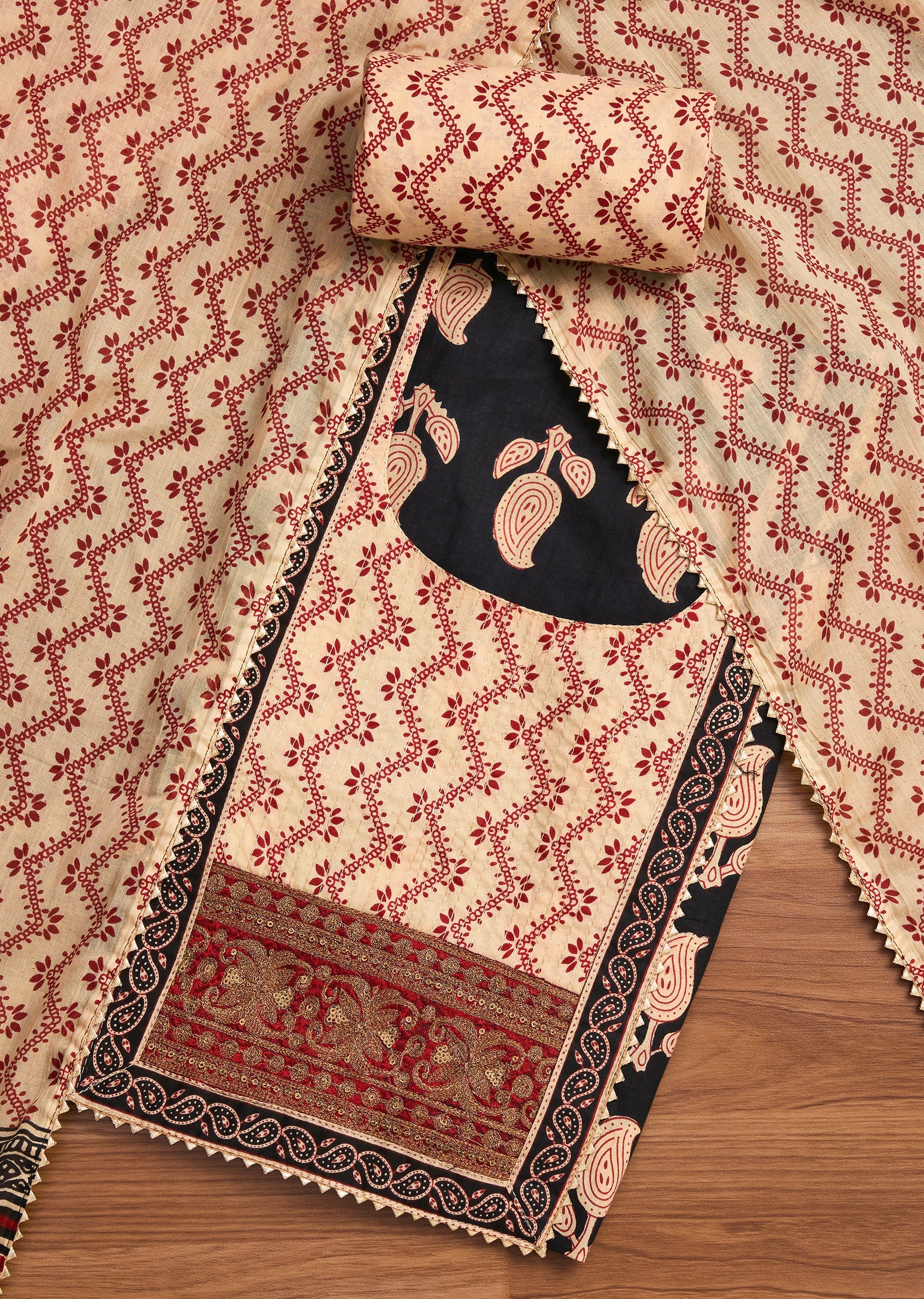 Black Cotton Printed Unstitched Suit with Dupatta and Bottom Fabric