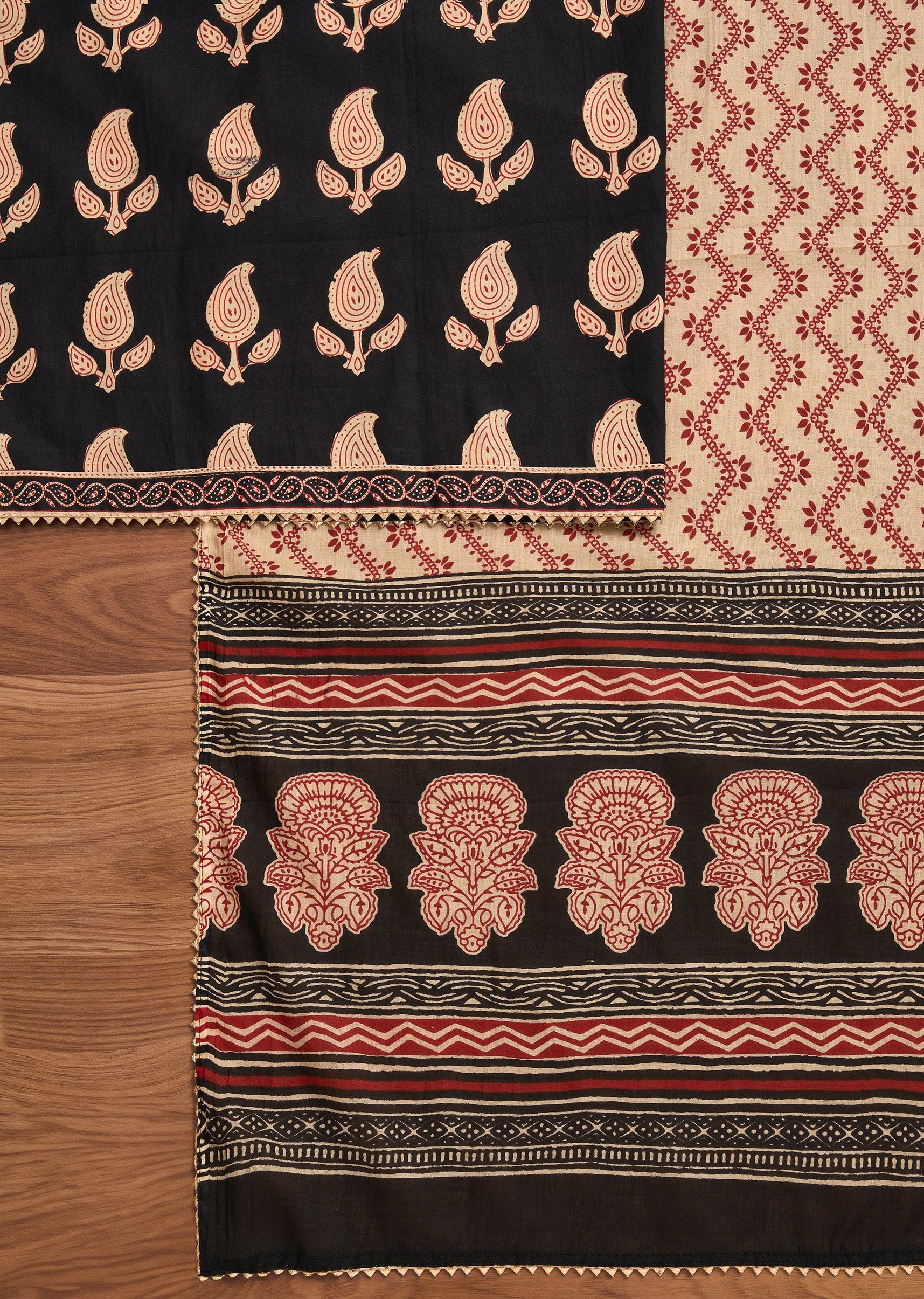 Black Cotton Printed Unstitched Suit with Dupatta and Bottom Fabric - Image 2