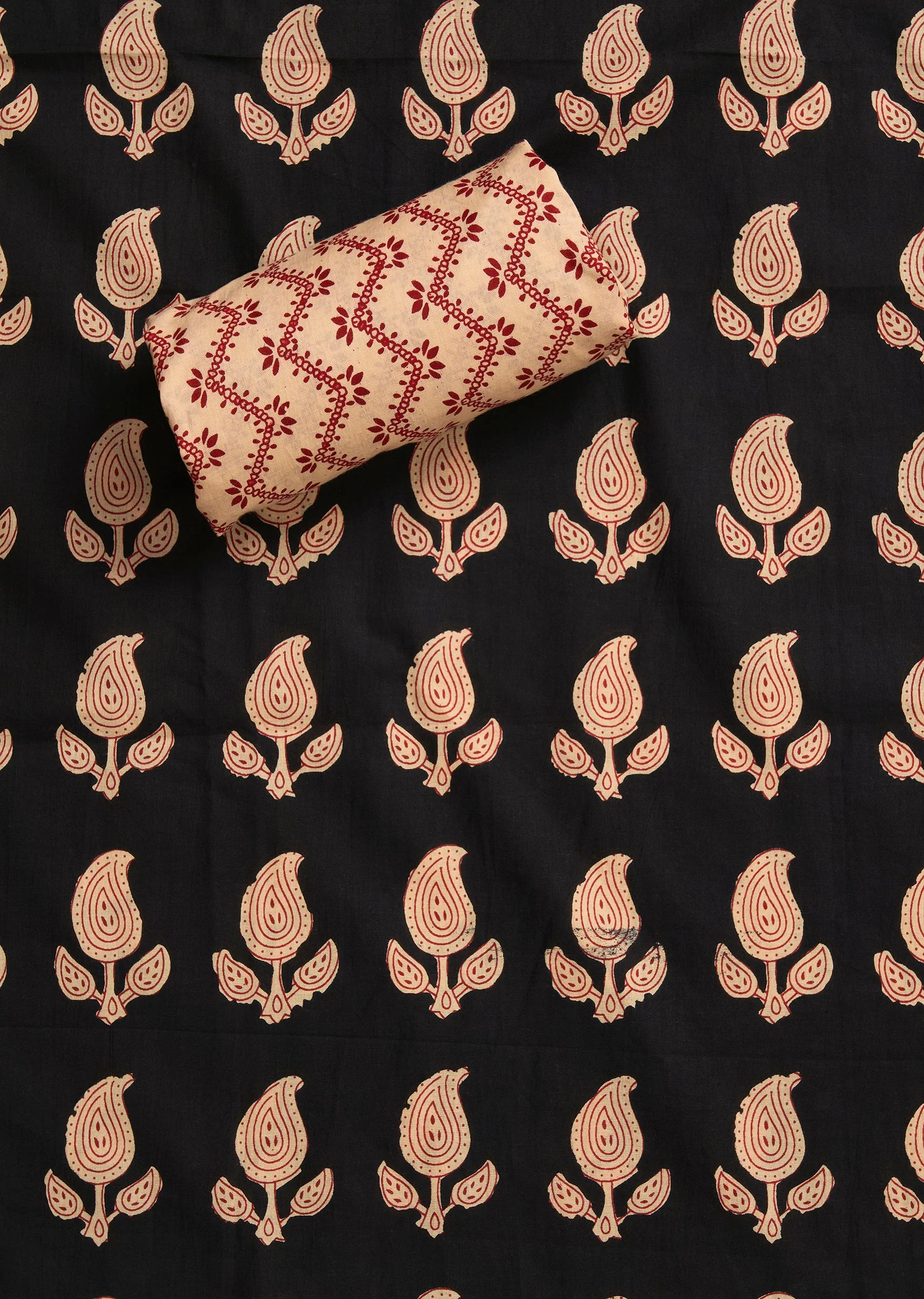 Black Cotton Printed Unstitched Suit with Dupatta and Bottom Fabric - Image 4