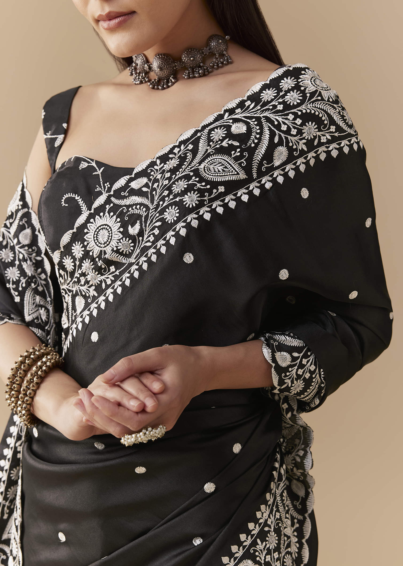 Black Cotton Satin Embellished Saree with Unstitched Blouse - Image 2