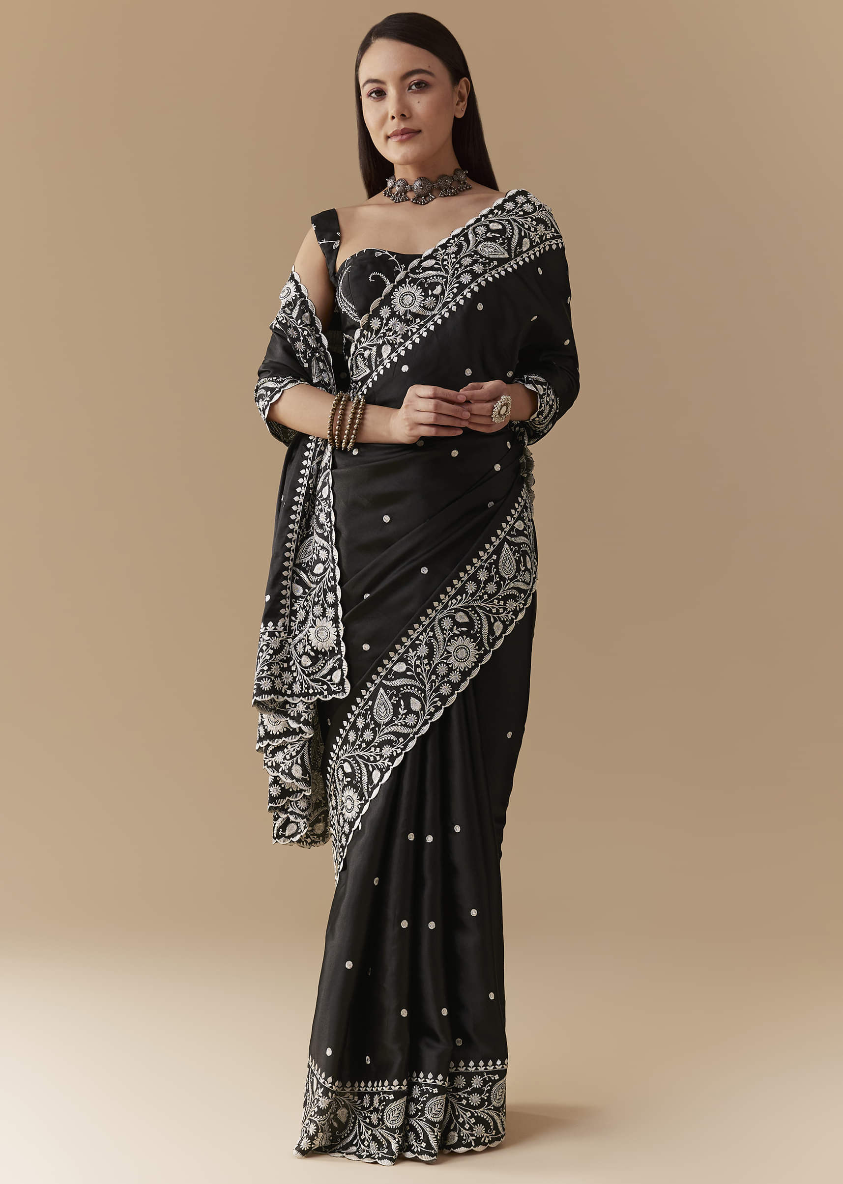 Black Cotton Satin Embellished Saree with Unstitched Blouse - Image 3