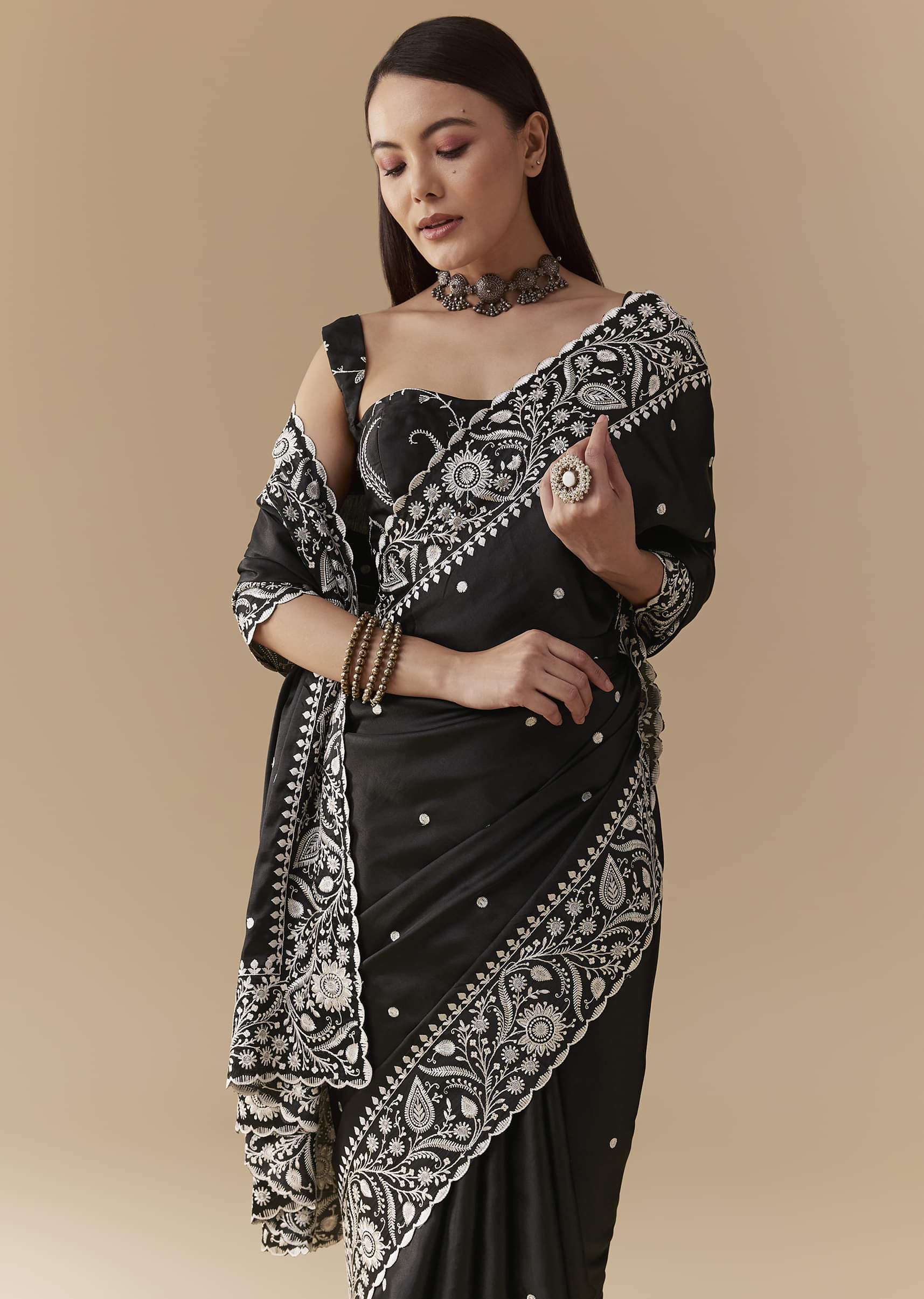 Black Cotton Satin Embellished Saree with Unstitched Blouse - Image 5