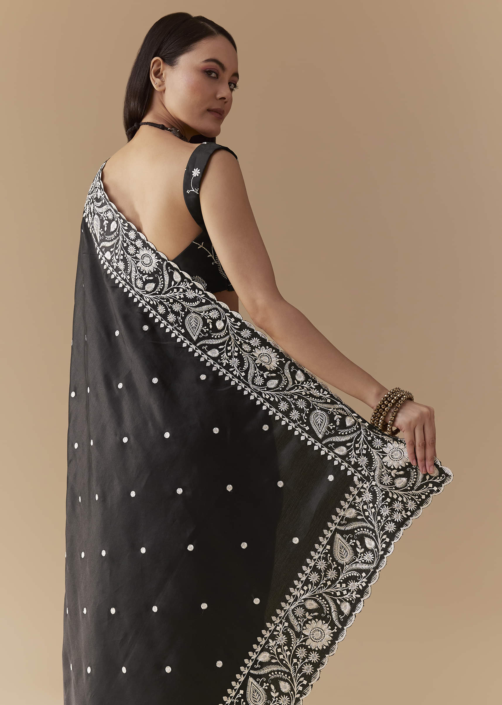 Black Cotton Satin Embellished Saree with Unstitched Blouse - Image 6
