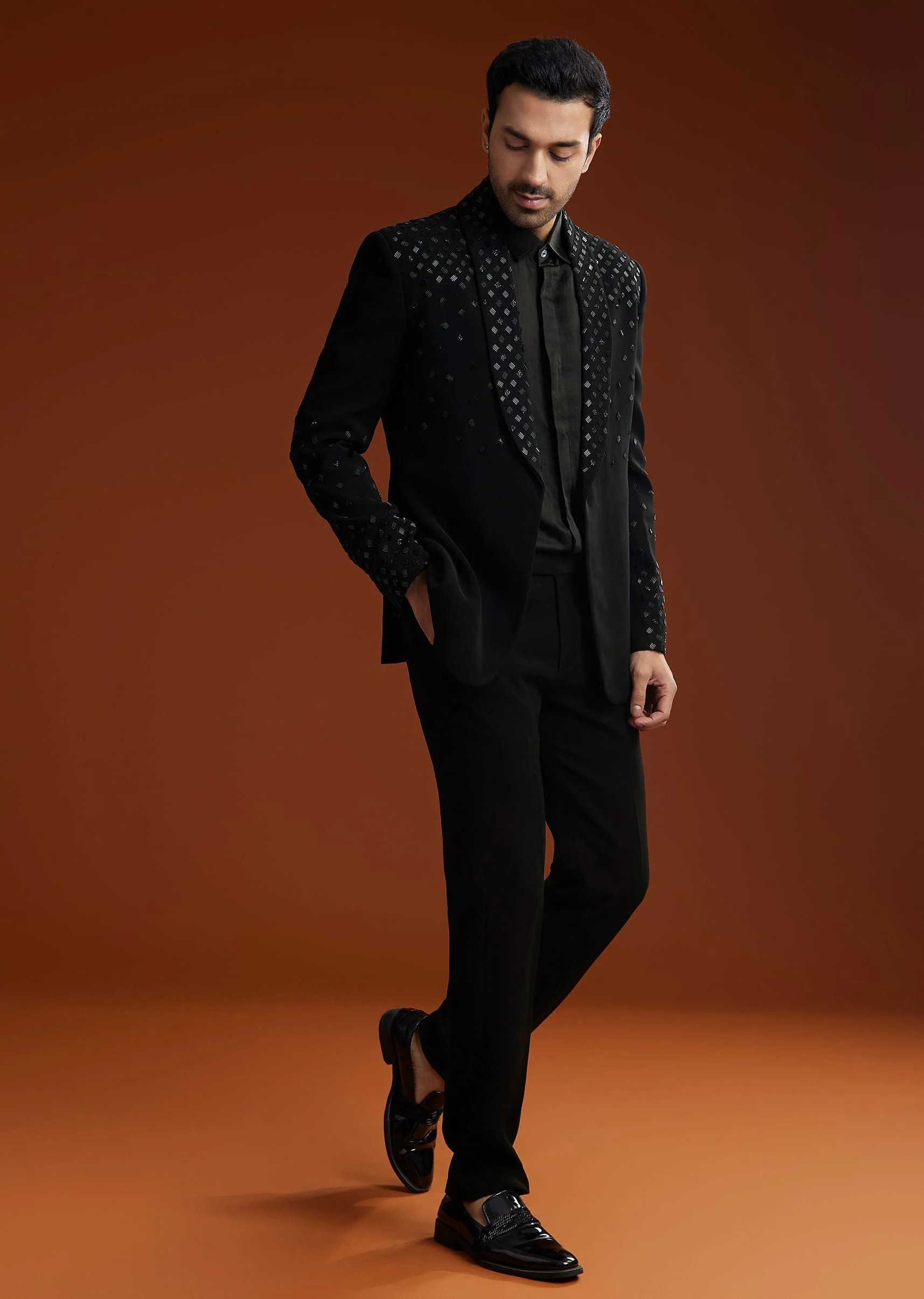Black Cotton Satin Suit Set With Hand Embroidery - Image 4