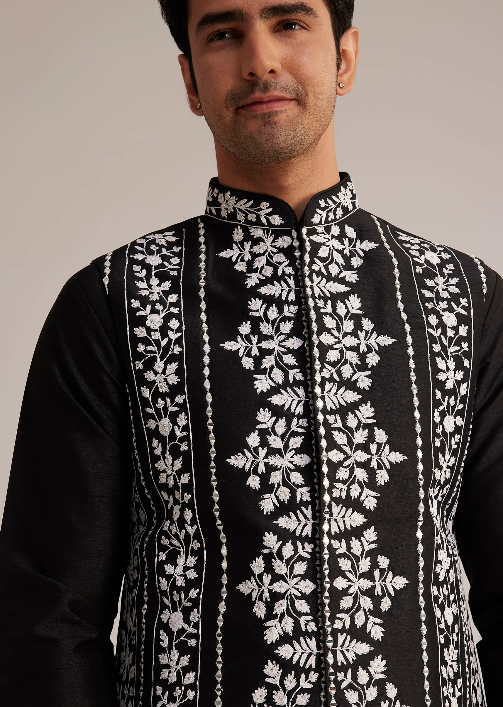 Black Cotton Silk Embroidered Jacket Kurta Set - Image 2