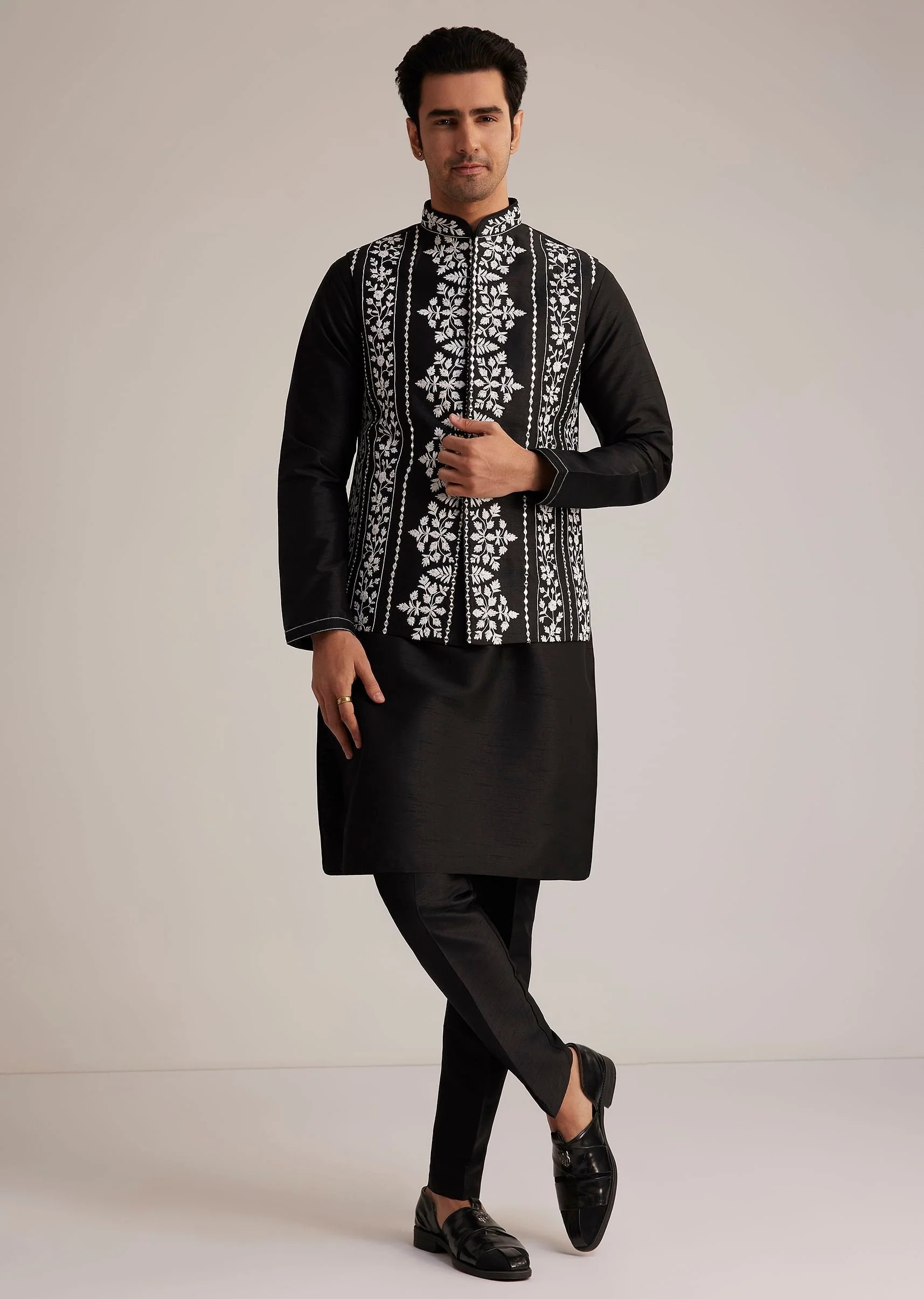 Black Cotton Silk Embroidered Jacket Kurta Set - Image 3