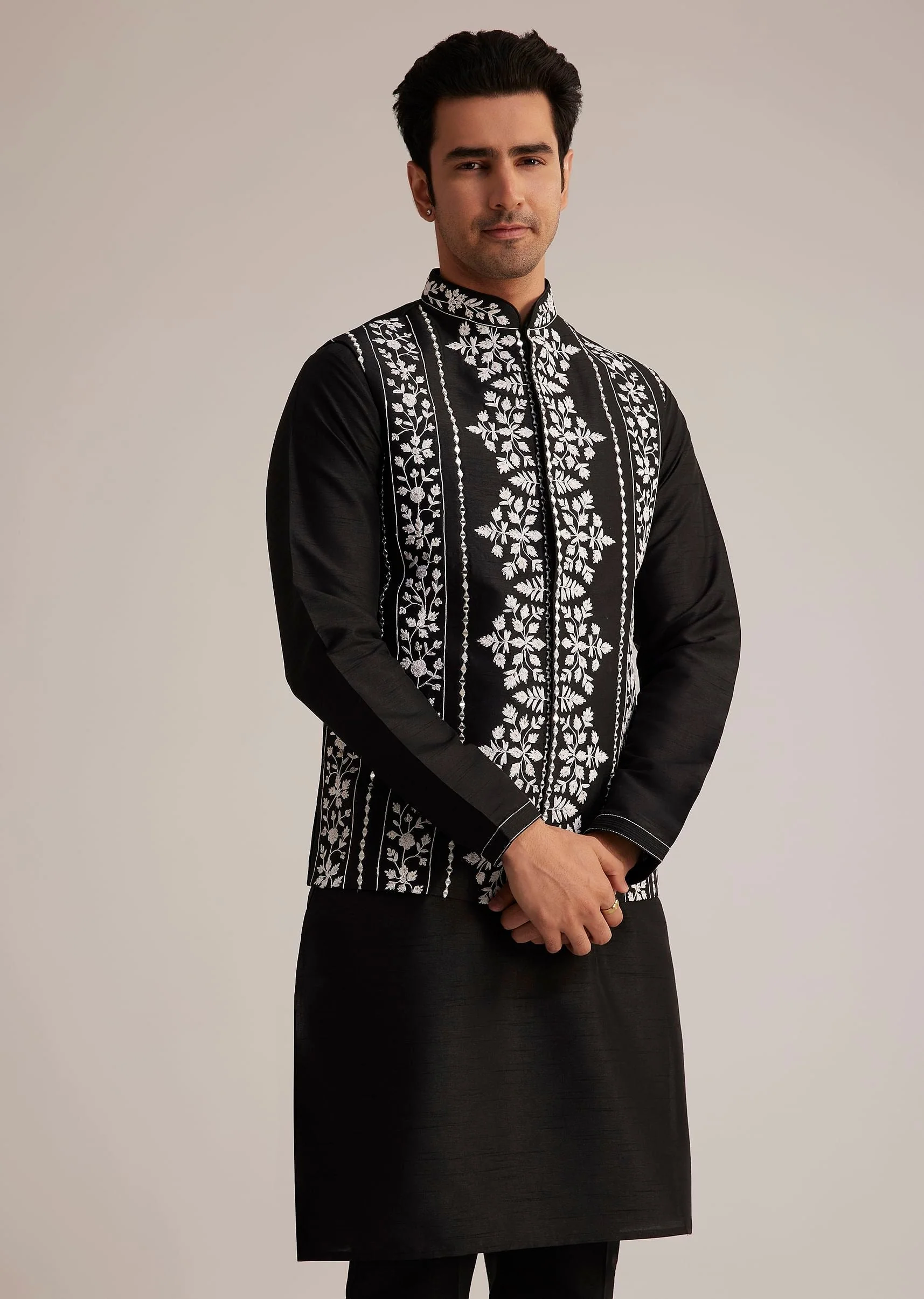 Black Cotton Silk Embroidered Jacket Kurta Set - Image 4