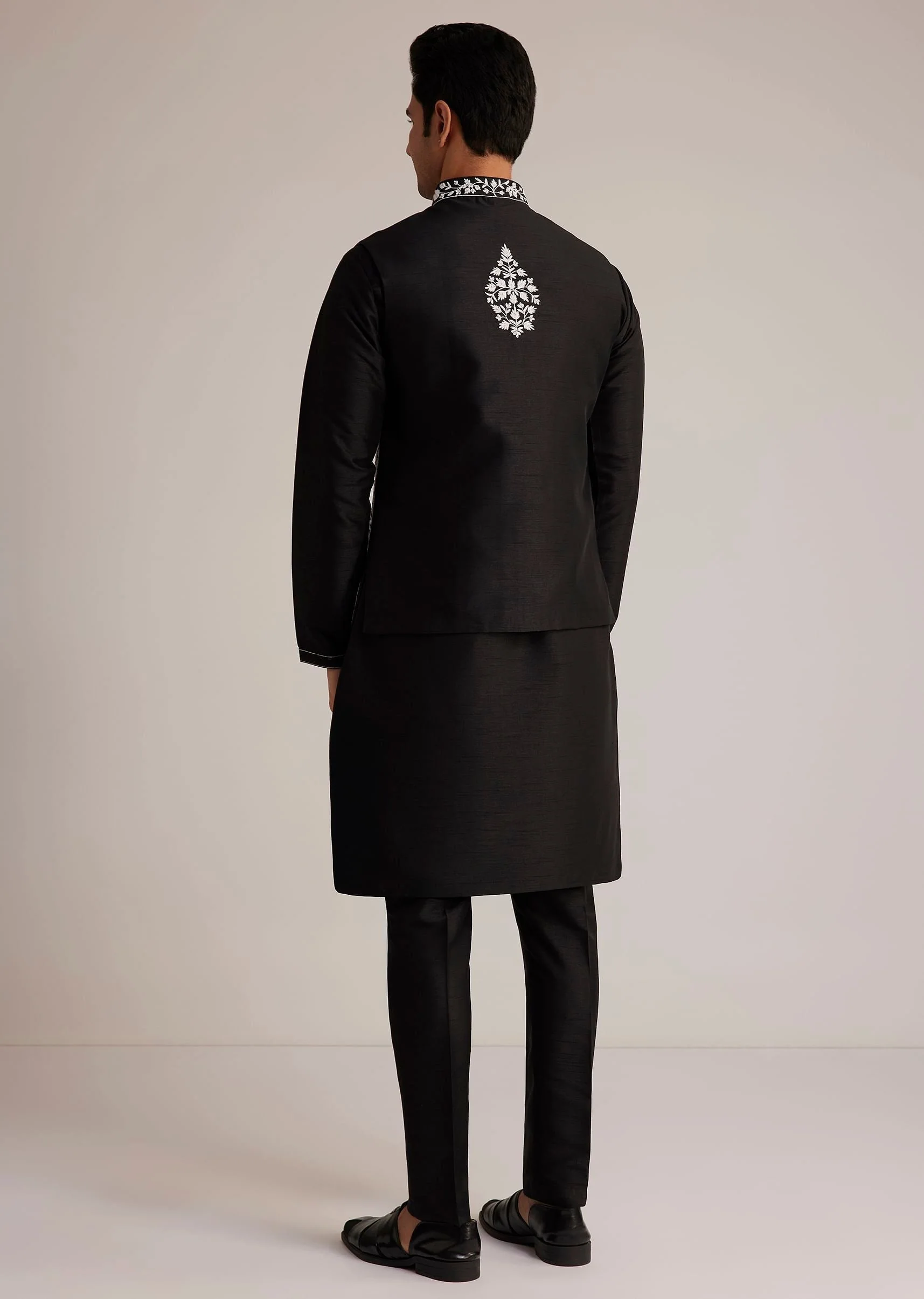 Black Cotton Silk Embroidered Jacket Kurta Set - Image 5