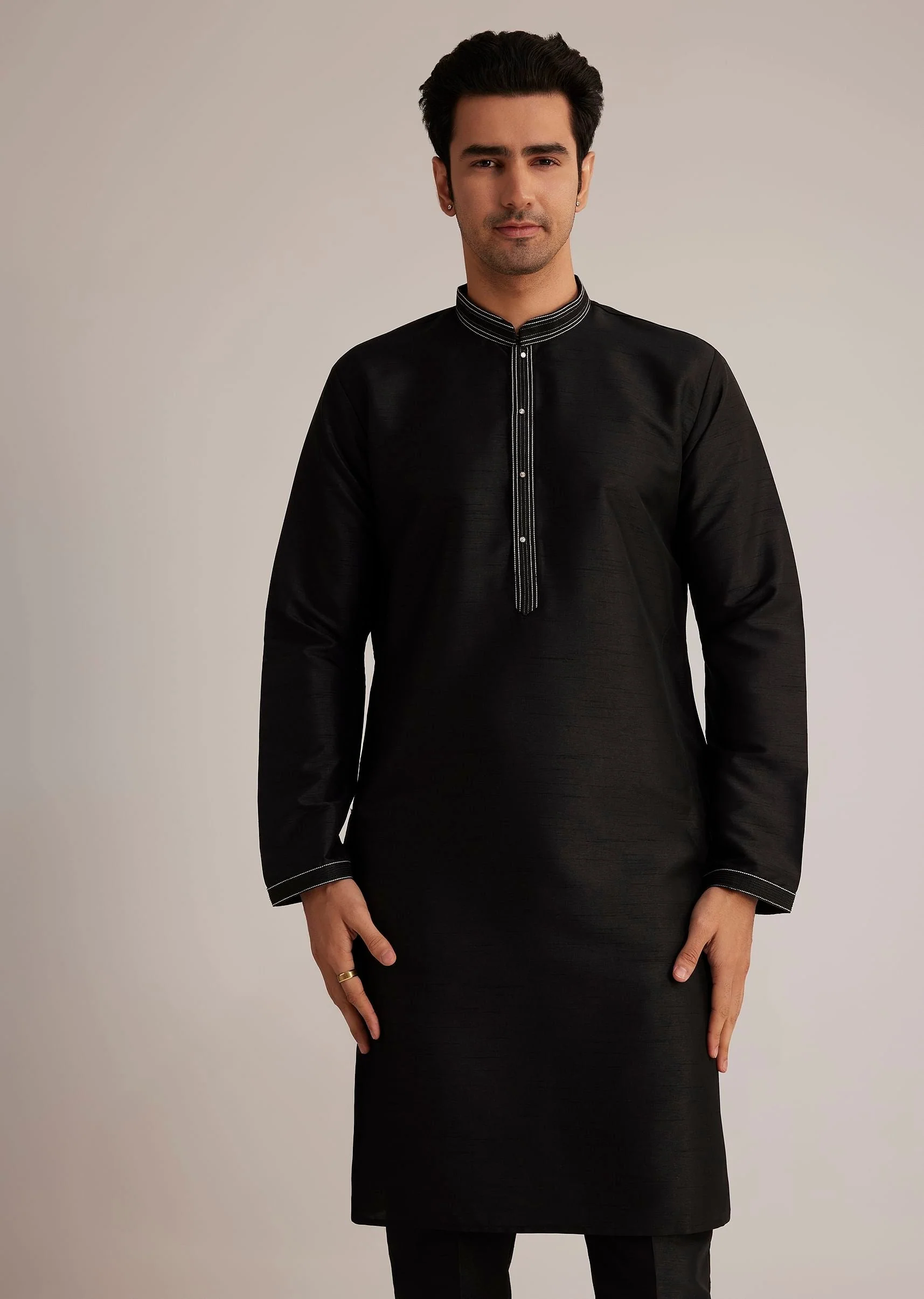 Black Cotton Silk Embroidered Jacket Kurta Set - Image 6