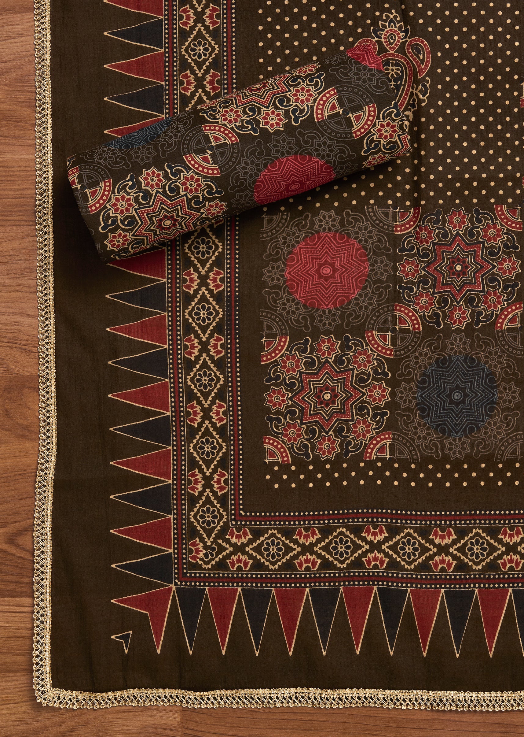 Black Cotton Unstitched Suit With Dupatta - Image 3