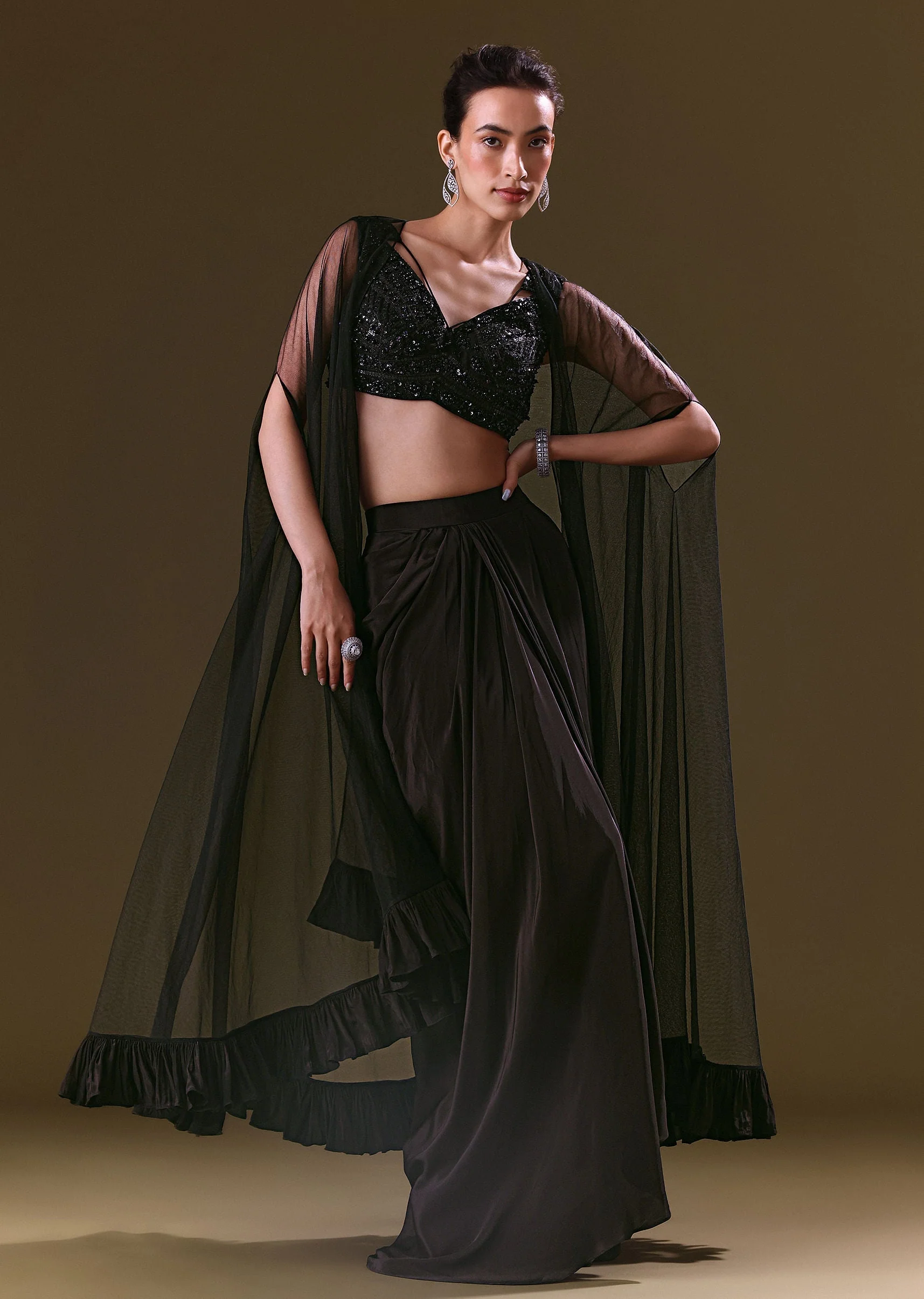 Black Crepe Drape Skirt Choli And Tulle Cape Set - Image 3