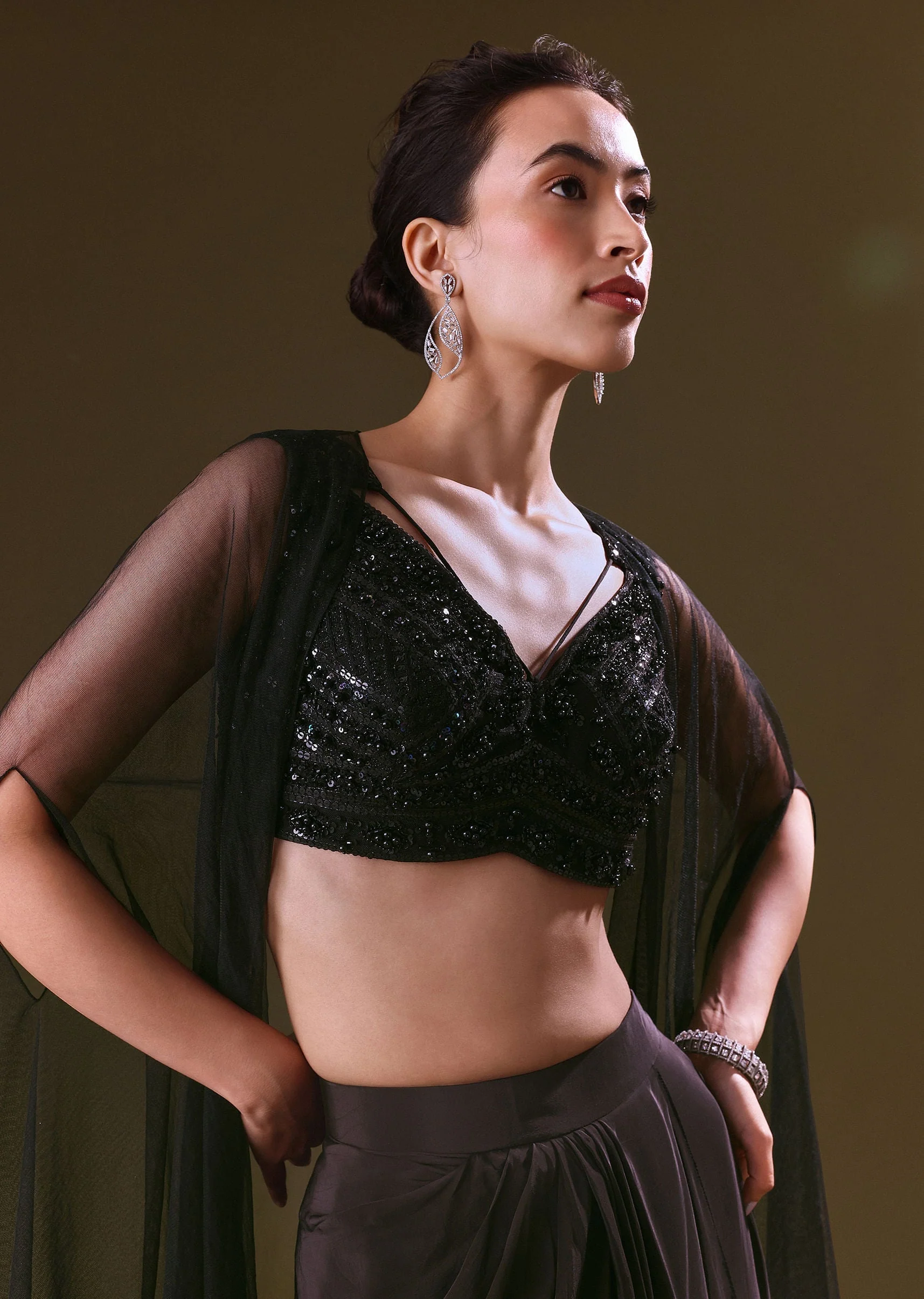 Black Crepe Drape Skirt Choli And Tulle Cape Set - Image 4