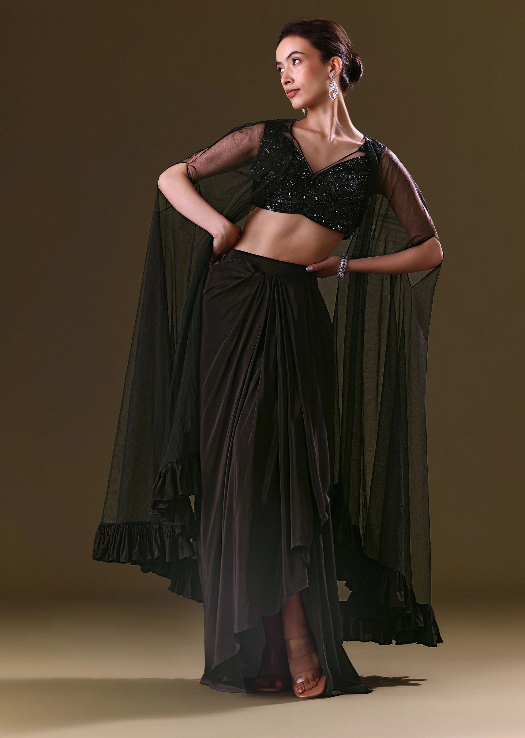 Black Crepe Drape Skirt Choli And Tulle Cape Set - Image 5