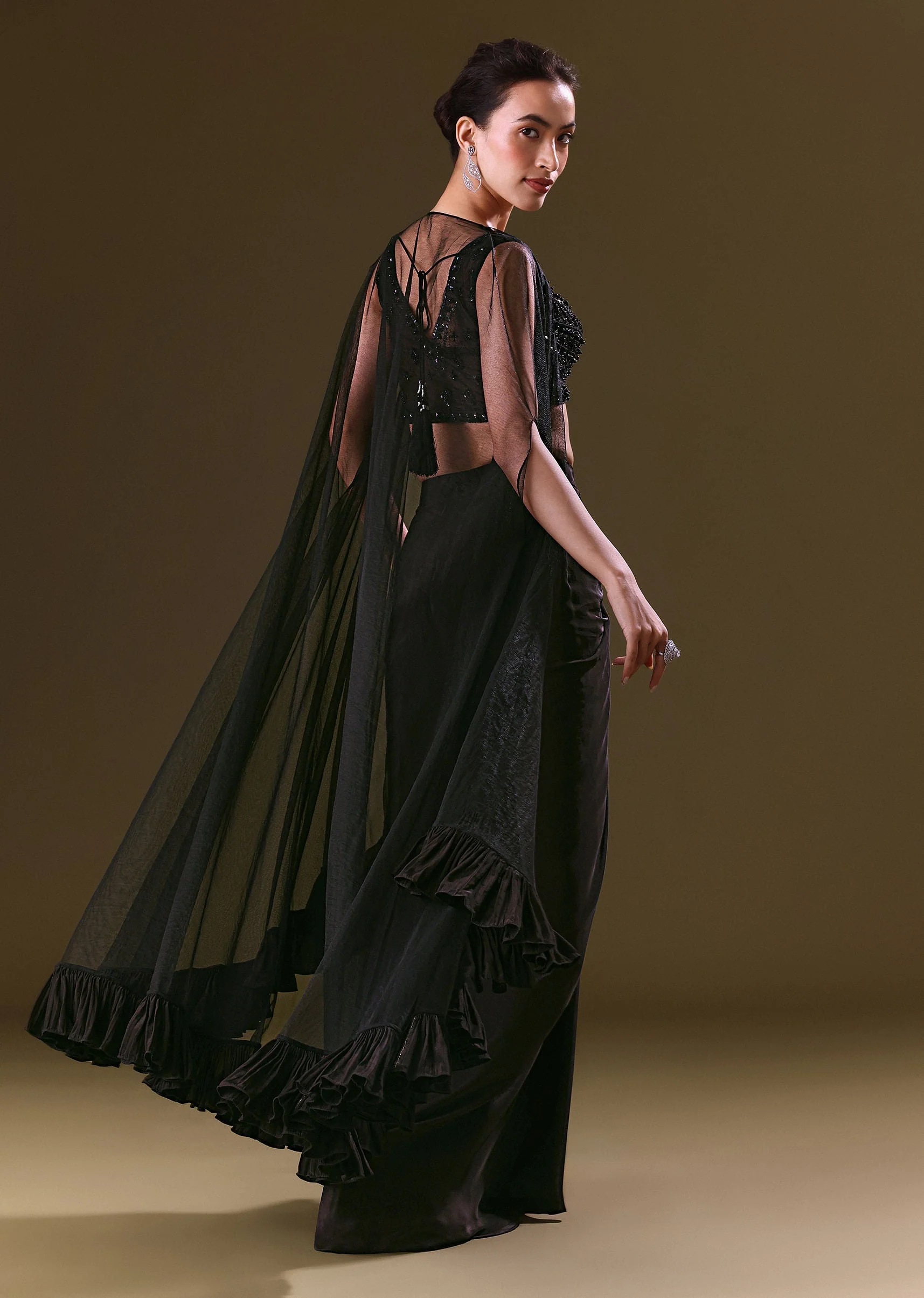Black Crepe Drape Skirt Choli And Tulle Cape Set - Image 6