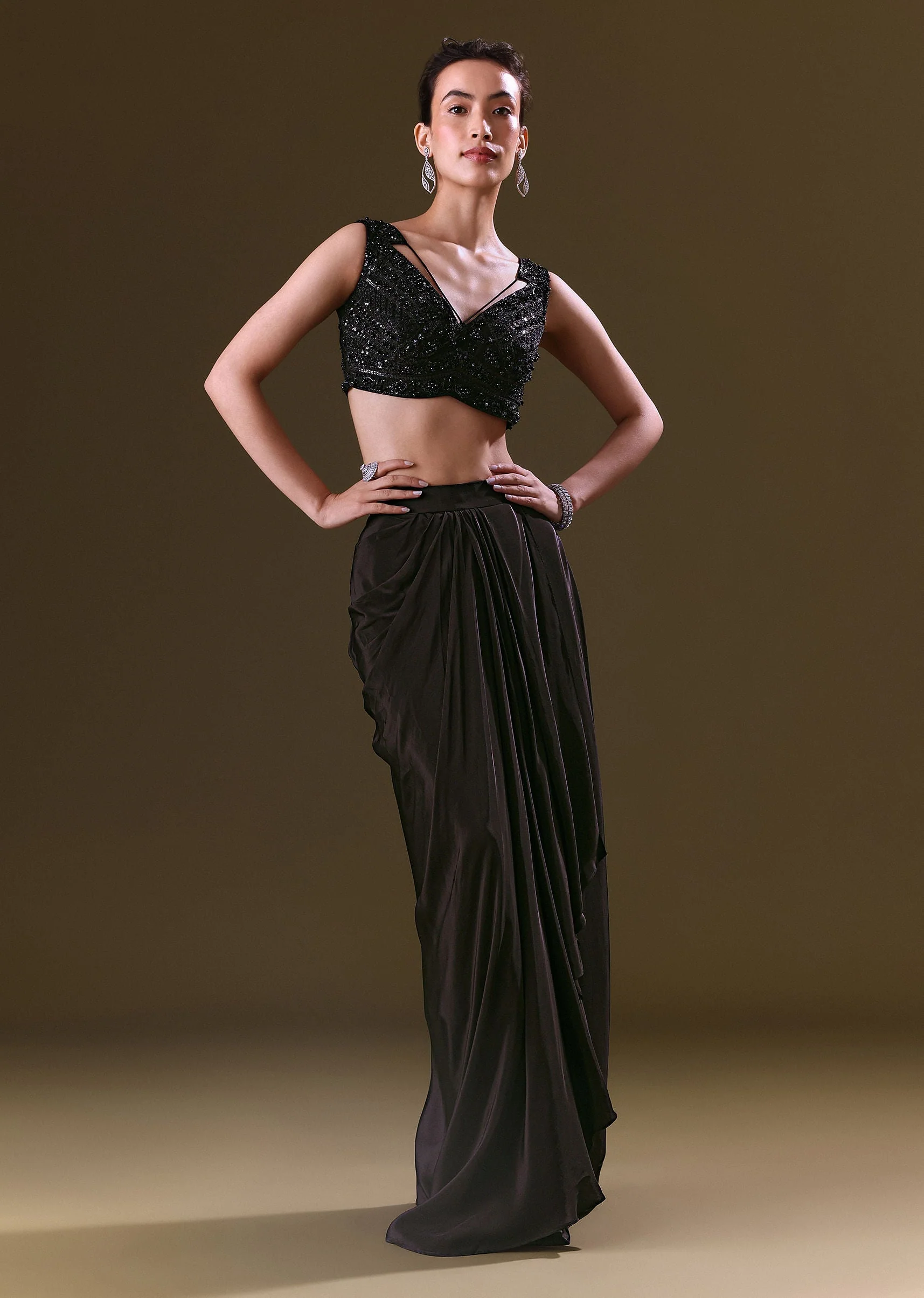 Black Crepe Drape Skirt Choli And Tulle Cape Set - Image 7