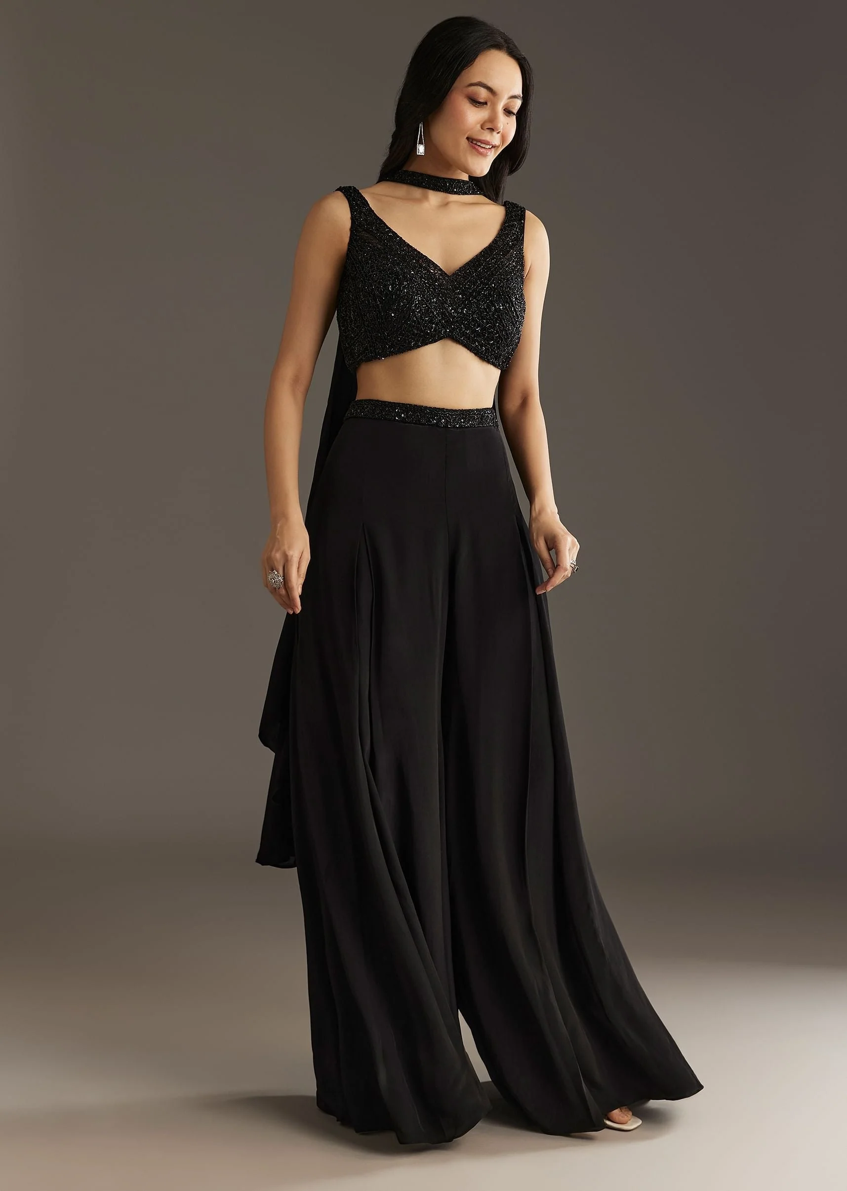 Black Crepe Embroidered Croptop With Embroidered Palazzo And Choker Dupatta - Image 3