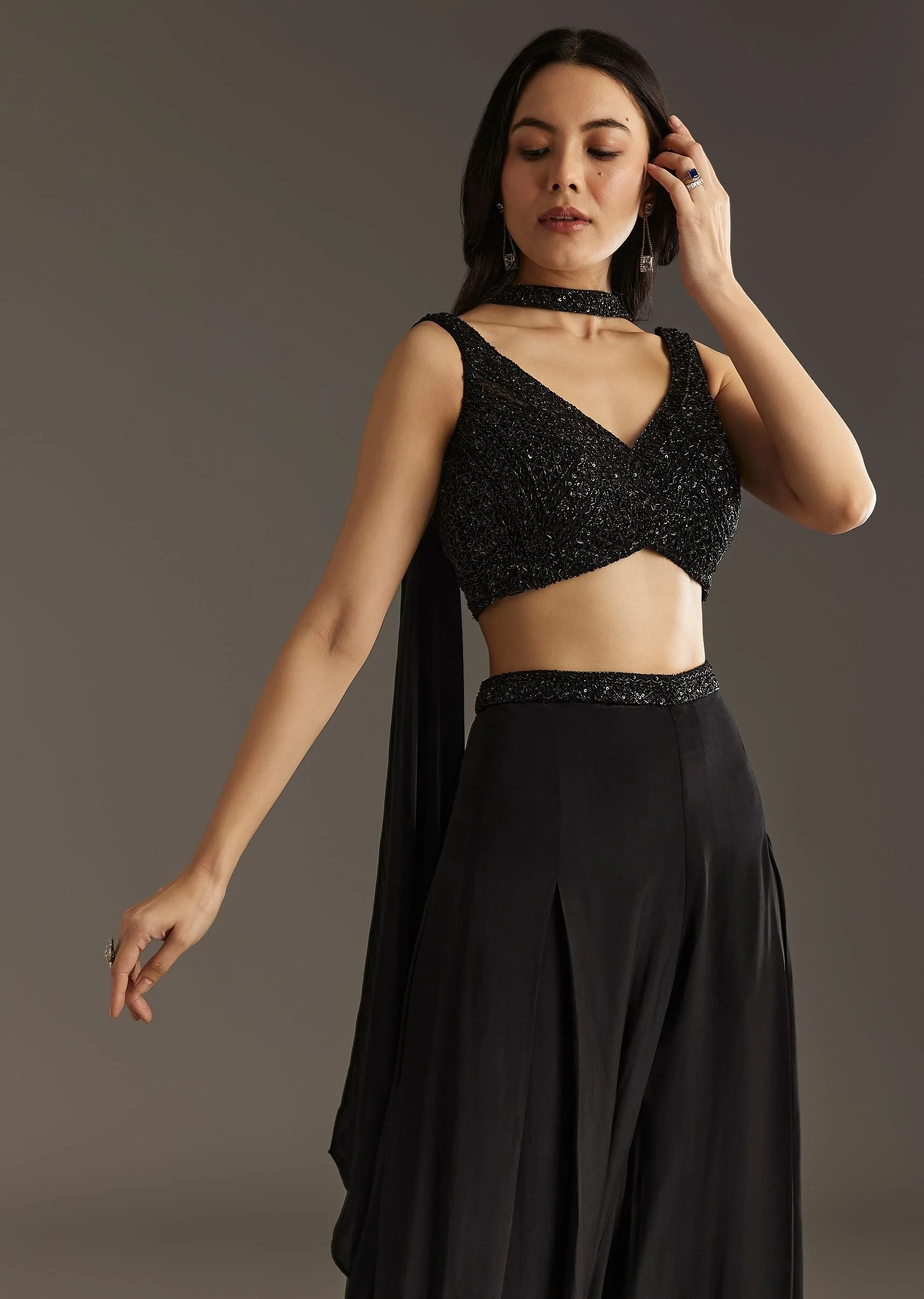 Black Crepe Embroidered Croptop With Embroidered Palazzo And Choker Dupatta - Image 4