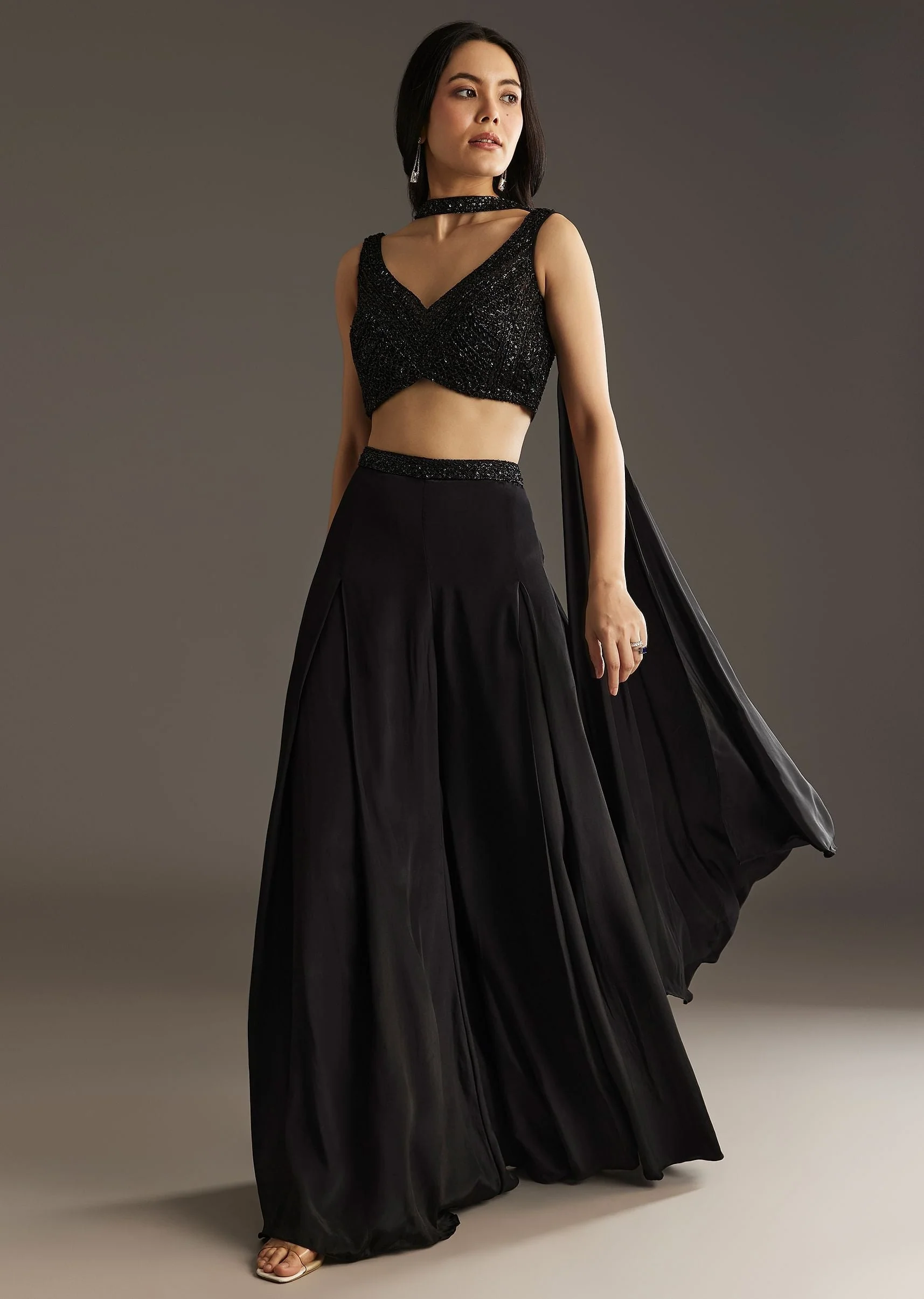 Black Crepe Embroidered Croptop With Embroidered Palazzo And Choker Dupatta - Image 5