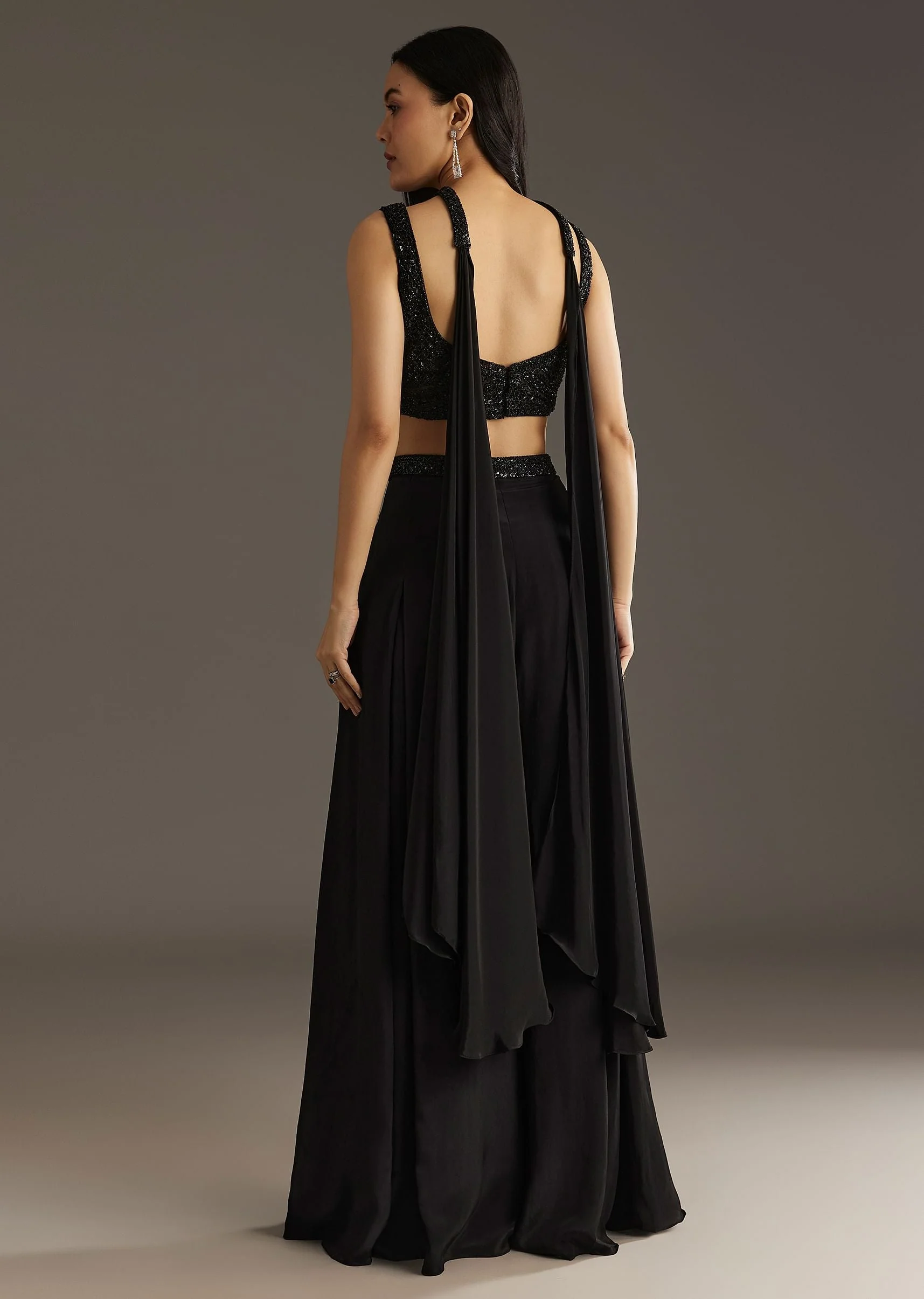Black Crepe Embroidered Croptop With Embroidered Palazzo And Choker Dupatta - Image 6